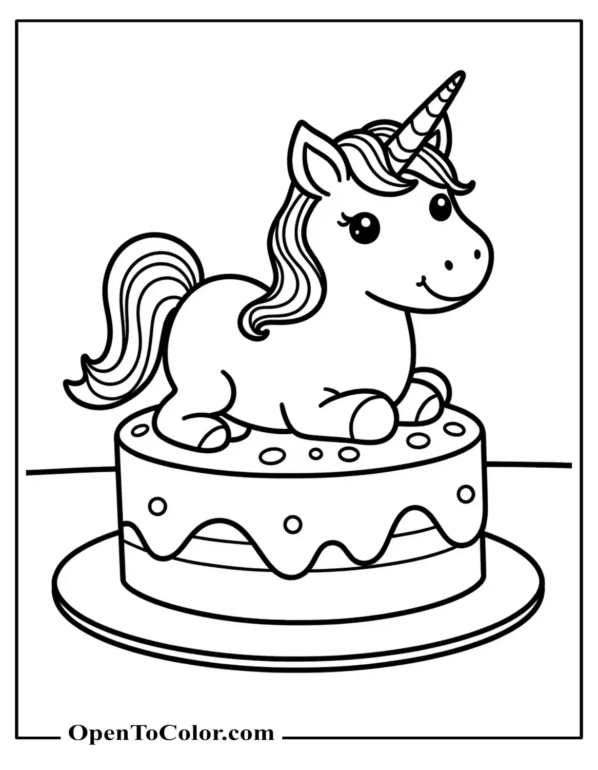 Unicorn Shaped Cake Coloring Sheet On A Table With Frosting Details PDF