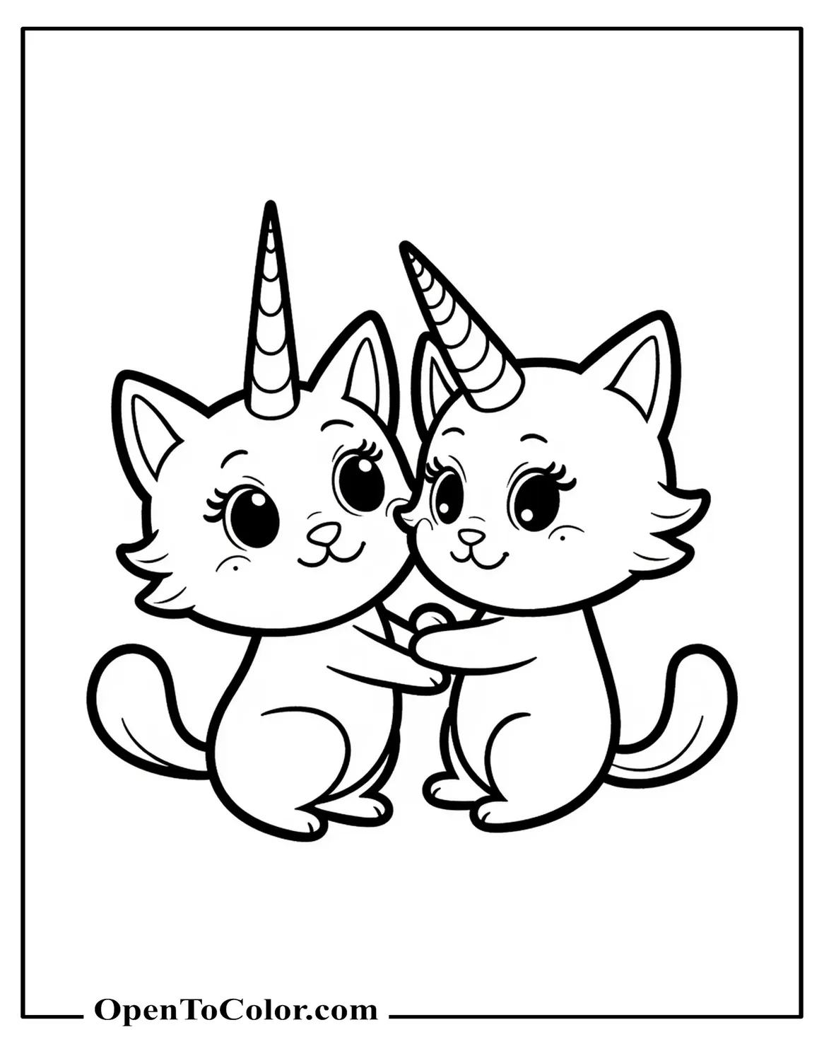 Two Cartoon Cats With Unicorn Horns Playing Together Coloring Page Printable