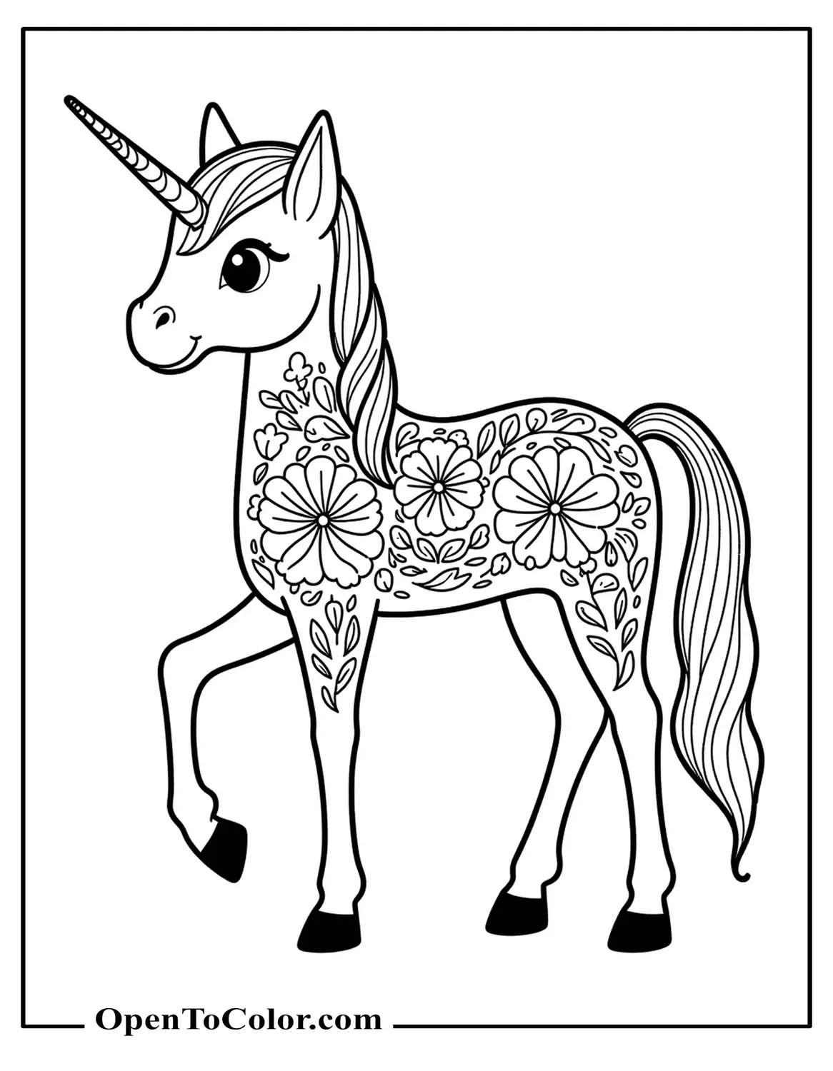 Unicorn With Intricate Floral Patterns On Body Coloring Page PDF