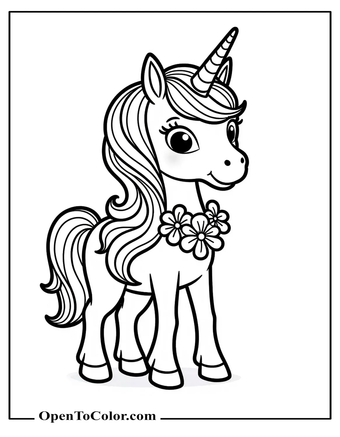 Unicorn With Long Mane And Flower Necklace Coloring Sheet PDF