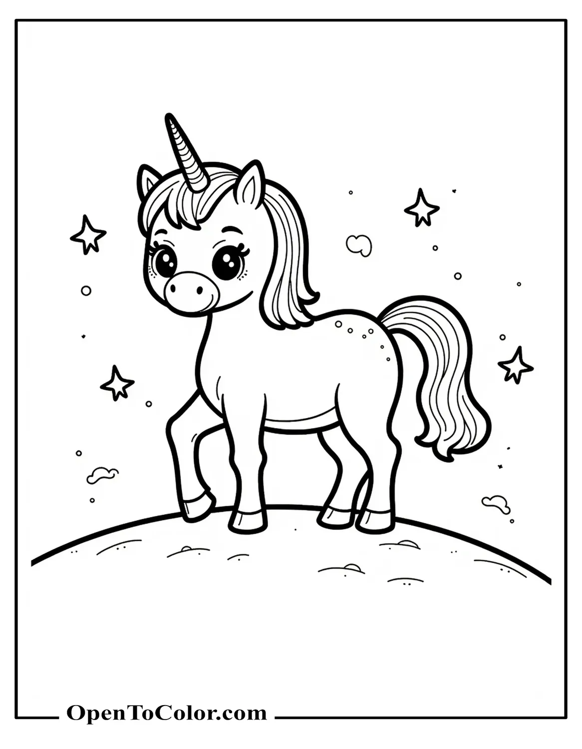 Printable Coloring Sheet of a Unicorn Standing on a Hill with Stars Around It