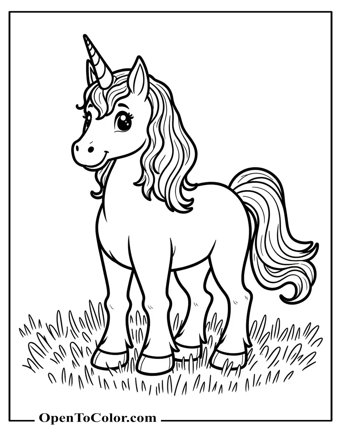 Unicorn Coloring Page PDF: Standing in a Grassy Meadow with a Flowing Mane