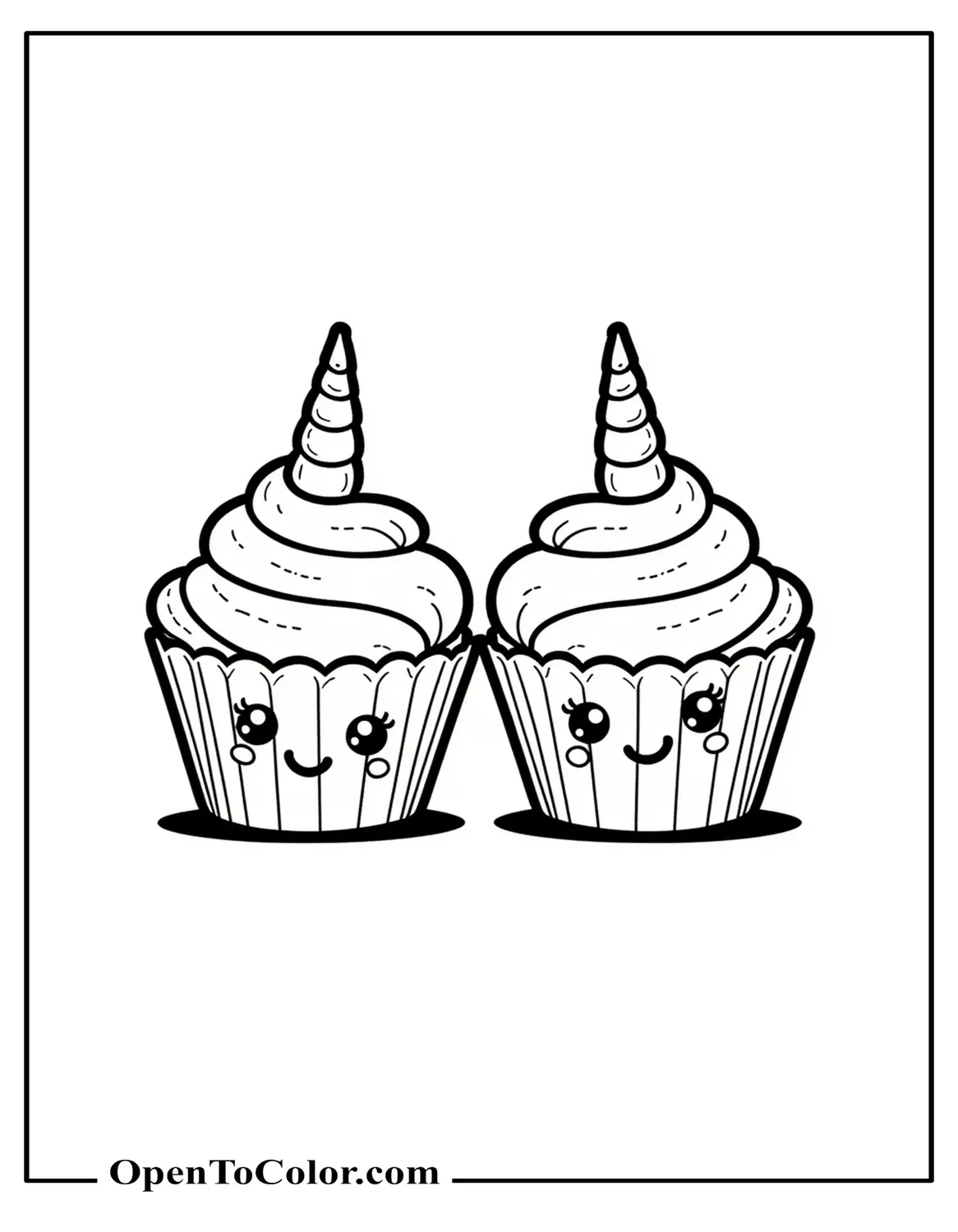 Free Coloring Page of Two Cupcakes with Friendly Faces and Unicorn Horns