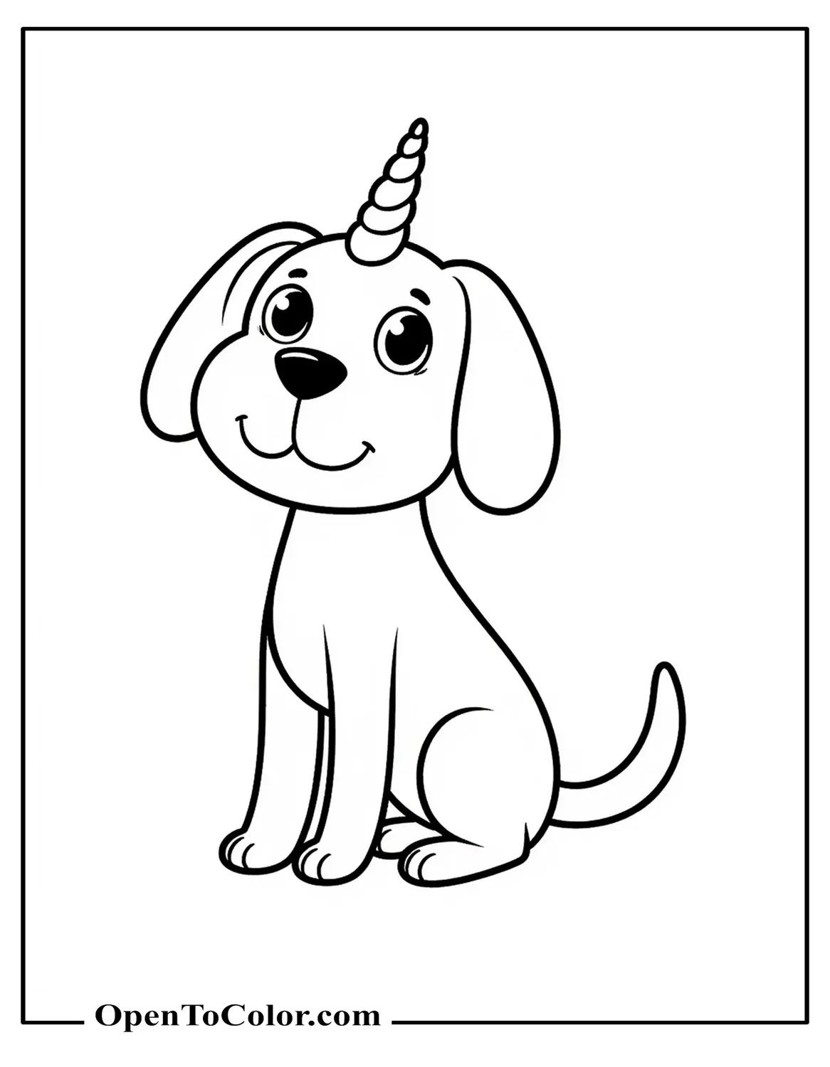 Free Coloring Sheet of Dog with Unicorn Horn Sitting and Wagging Tail