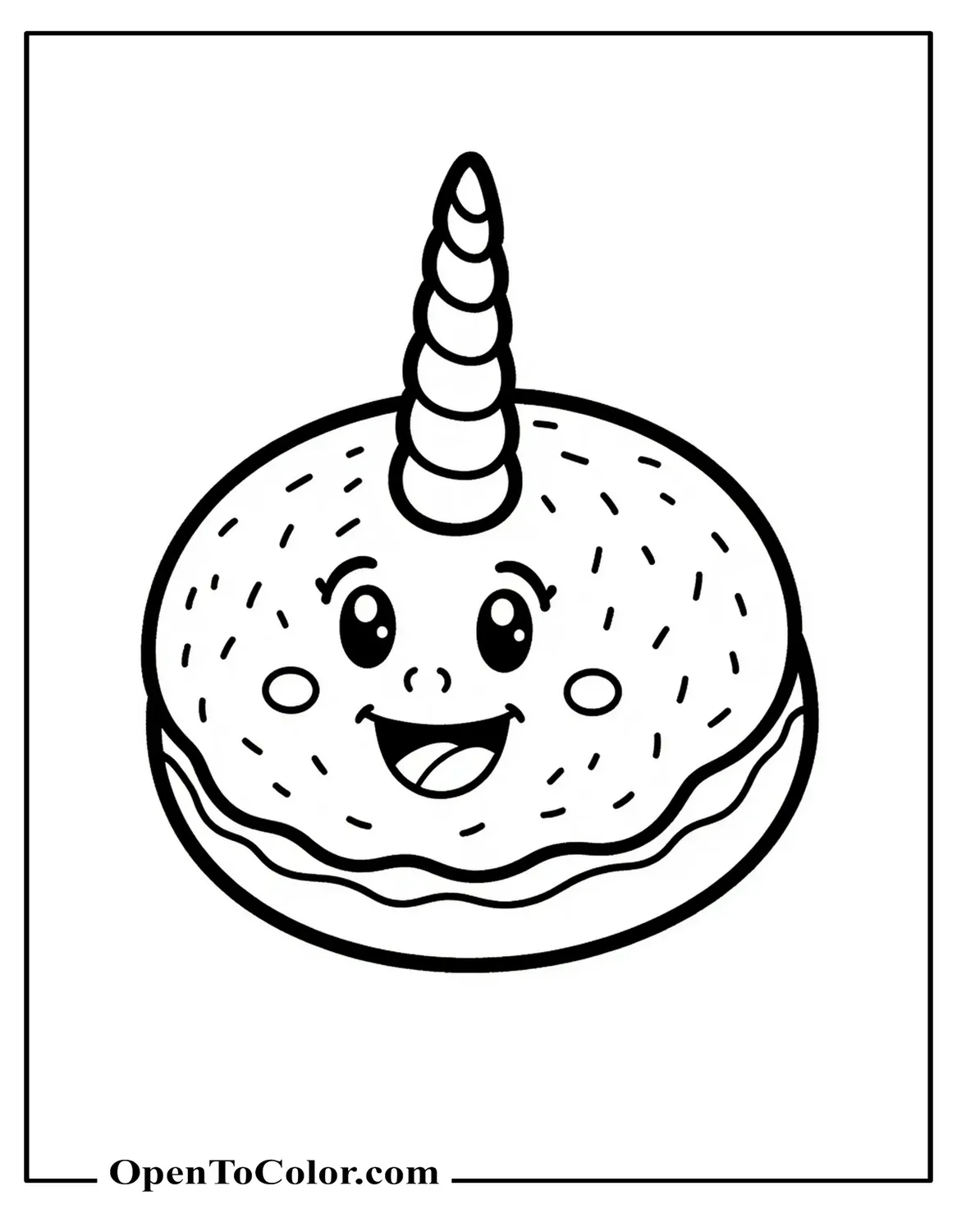 A coloring page of a doughnut with a laughing face and a unicorn's horn, available as a PDF.