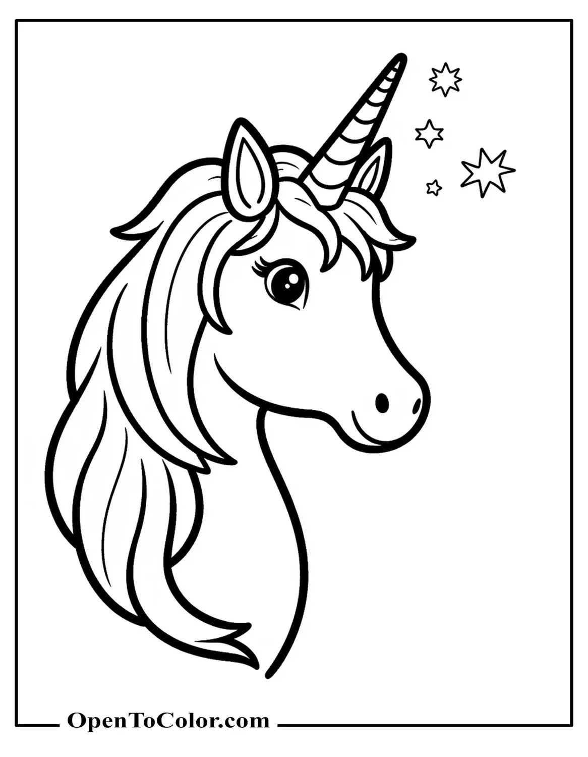 Detailed Unicorn Face Coloring Page With Big Eyes And Closed Smile PDF
