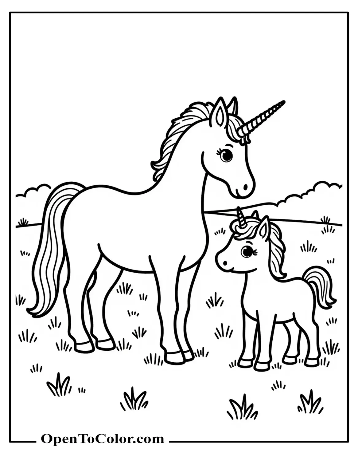 Free Coloring Page: Adult Unicorn Standing in the Field and Looking at the Pony-Unicorn Which Stands Beside It