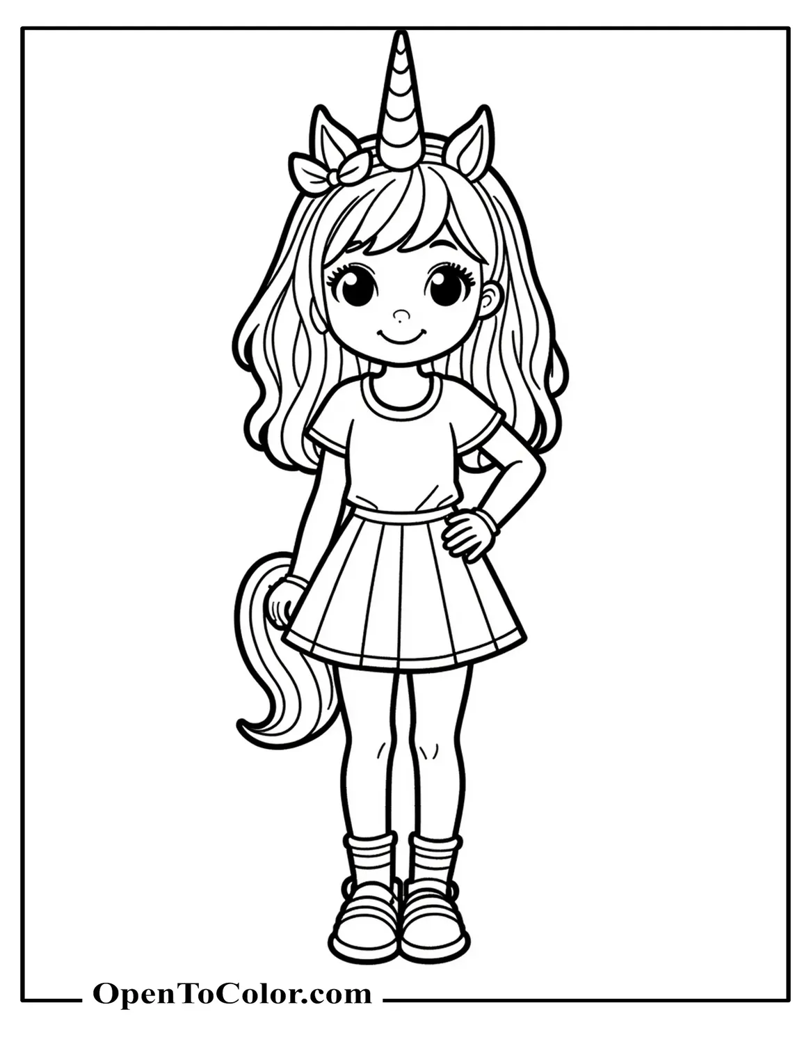 Printable Coloring Page of a Cute Girl With a Unicorn's Horn on Her Head