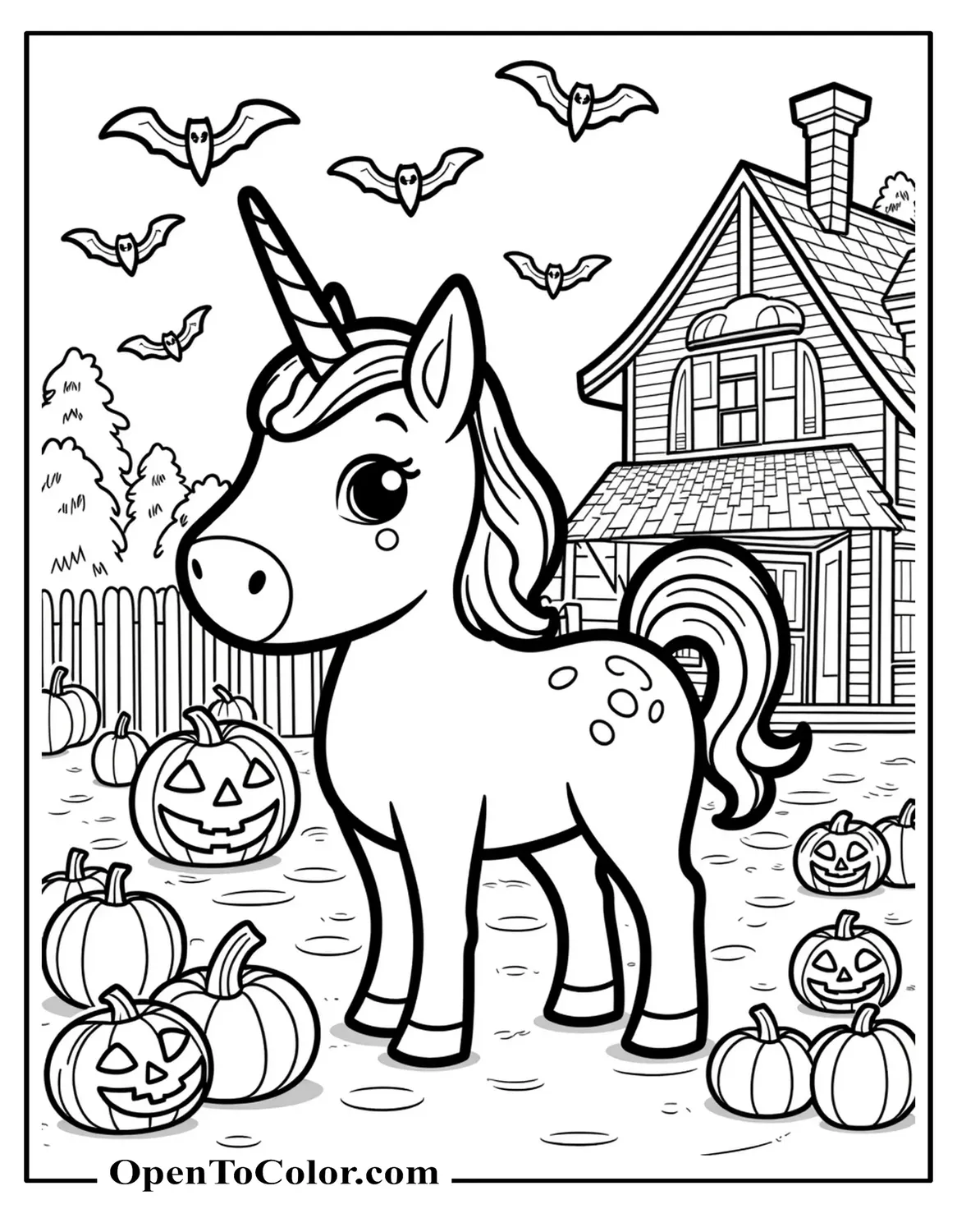 Cartoonish Unicorn Coloring Sheet PDF Surrounded By Bats And Halloween Pumpkins In Front Of A Haunted House