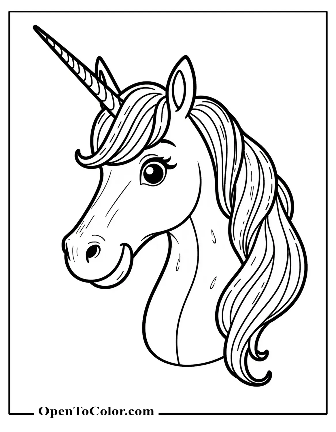 Close-Up of Unicorn Head with Flowing Mane Printable Coloring Sheet