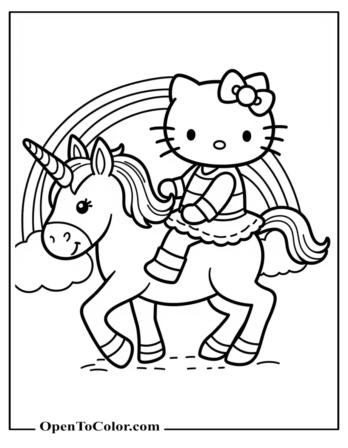 Hello Kitty With Unicorn Horn And A Bow On Head Coloring Sheet PDF