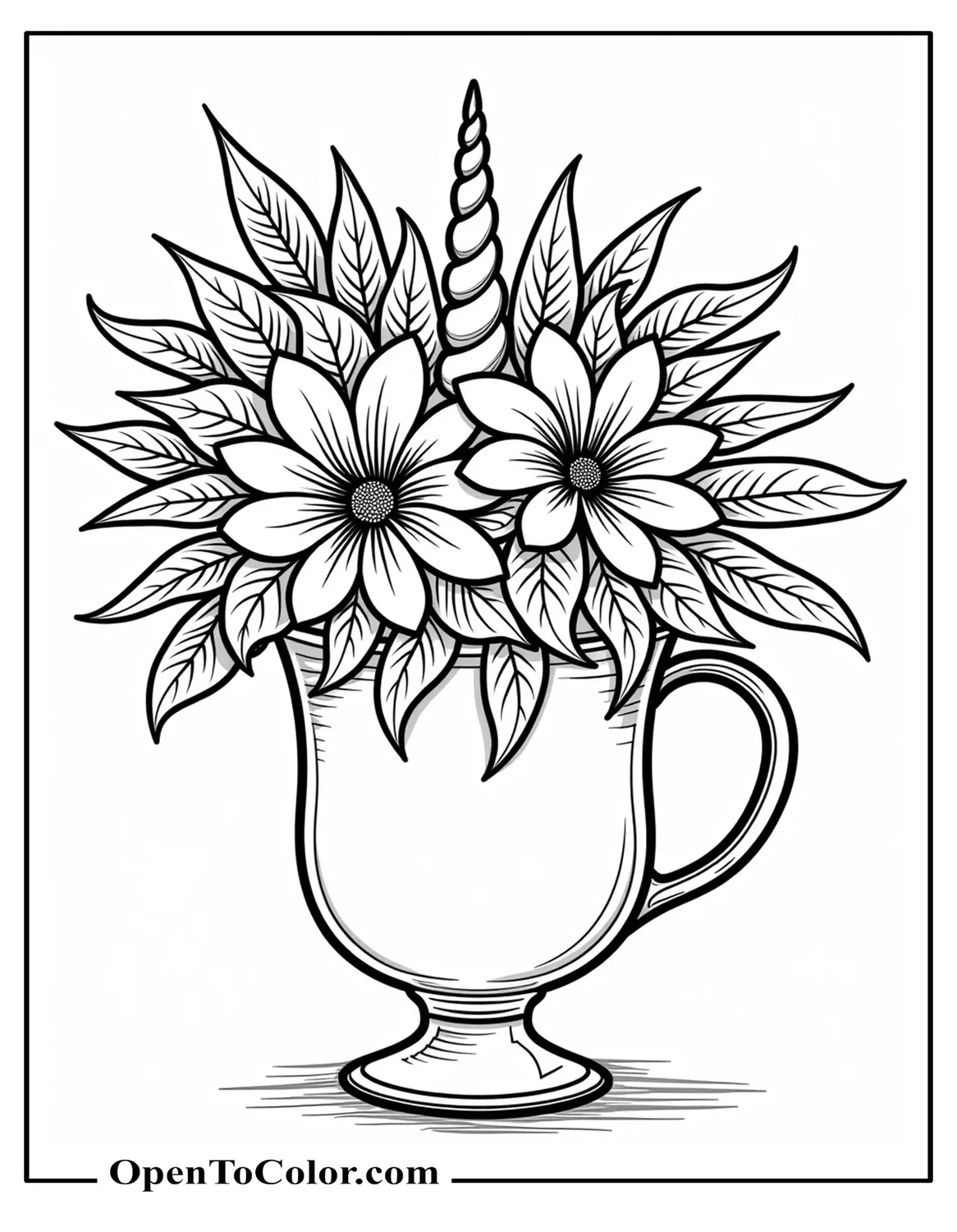 Table decoration decorated with flowers with a unicorn's horn sticking out of it, printable coloring sheet.