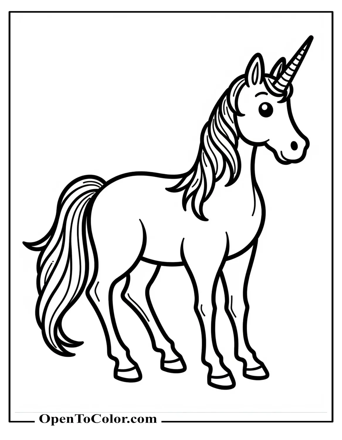 A Unicorn and a Realistic Horse Sideview, Looking at Each Other Coloring Sheet Printable