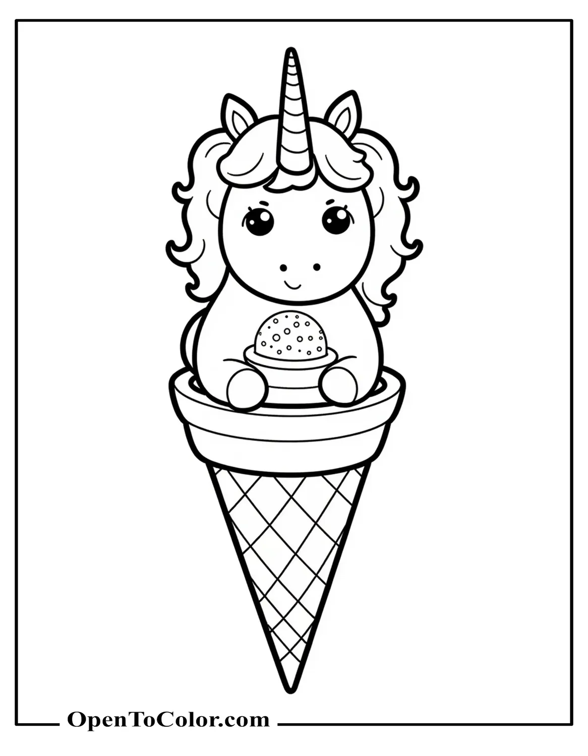 Printable Coloring Sheet of a Unicorn Inside an Ice Cream Cone with Sprinkles