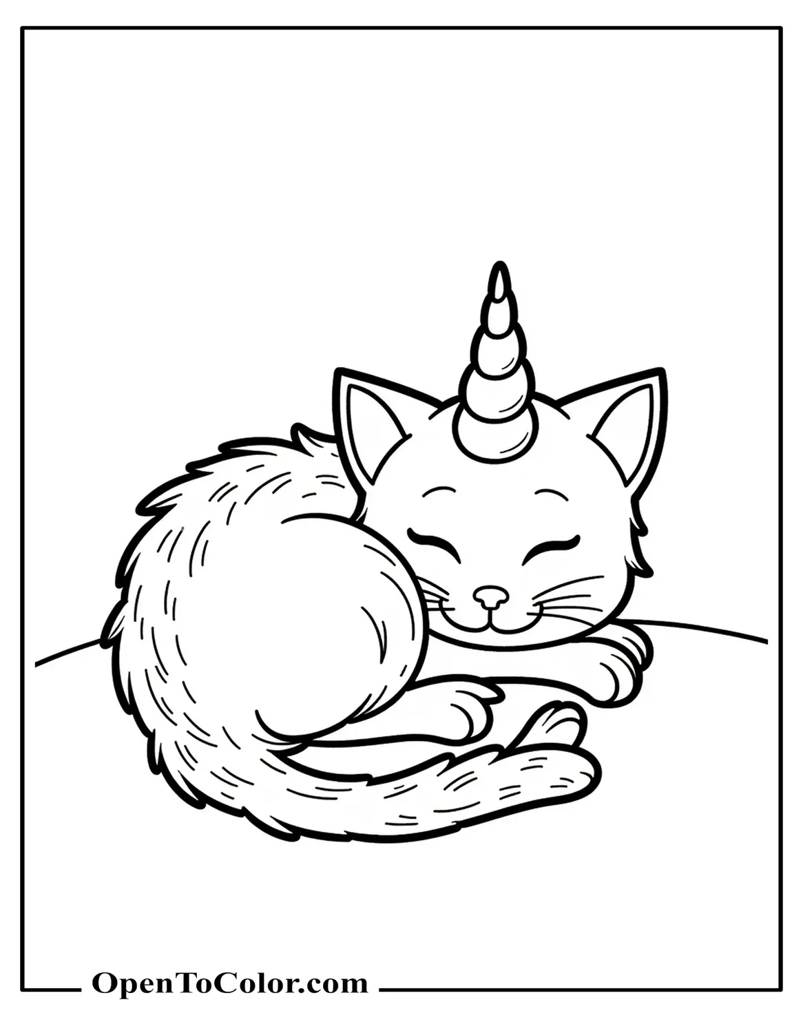 Kitten with Unicorn Horn Curled Up Sleeping Coloring Page PDF