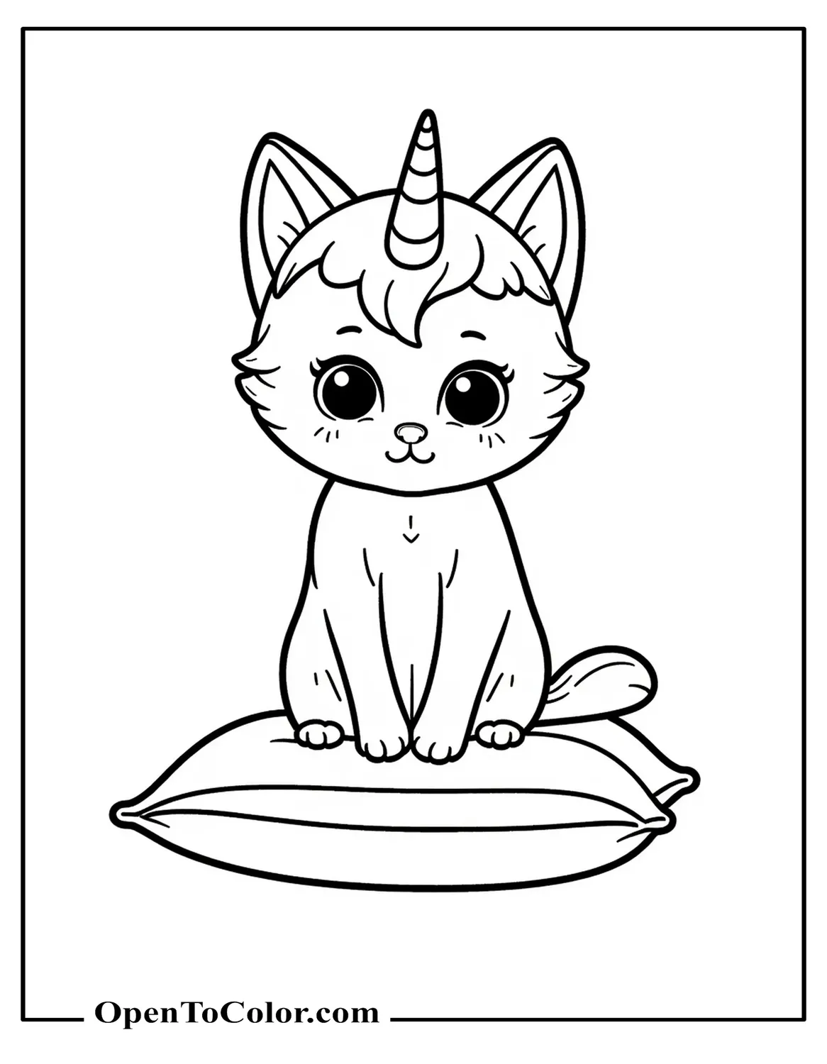Little realistic kitten with a unicorn's horn sitting on a pillow coloring page PDF.