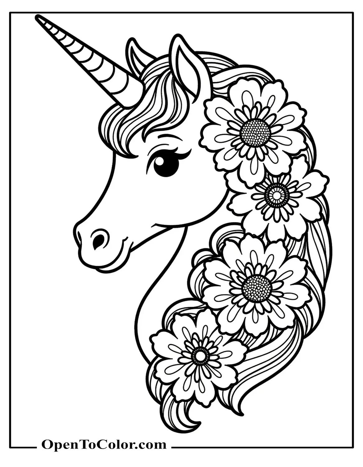 Printable Coloring Page of a Floral Mandala With Clear Patterns in a Shape of a Unicorn's Head