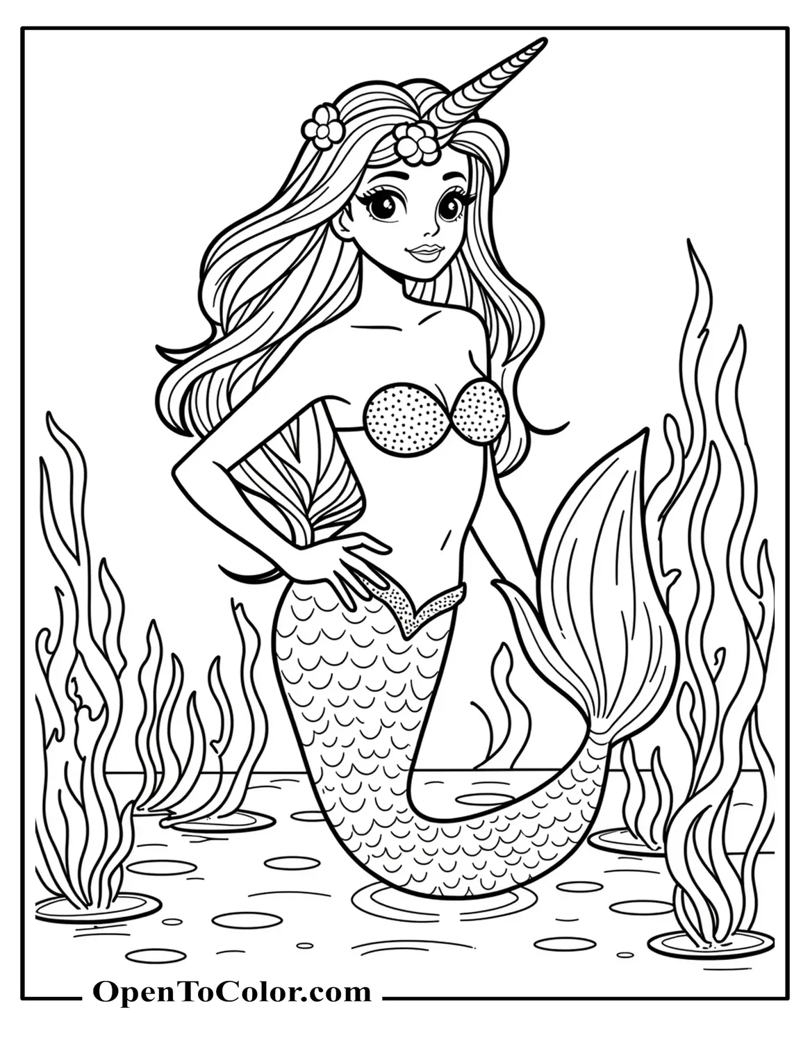 Free Coloring Sheet of a Mermaid With a Unicorn's Horn on Her Head Swimming in Ocean Waves