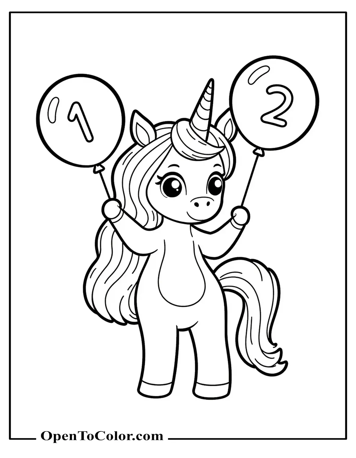 Printable Coloring Sheet of Unicorn Holding Number Balloons One and Two