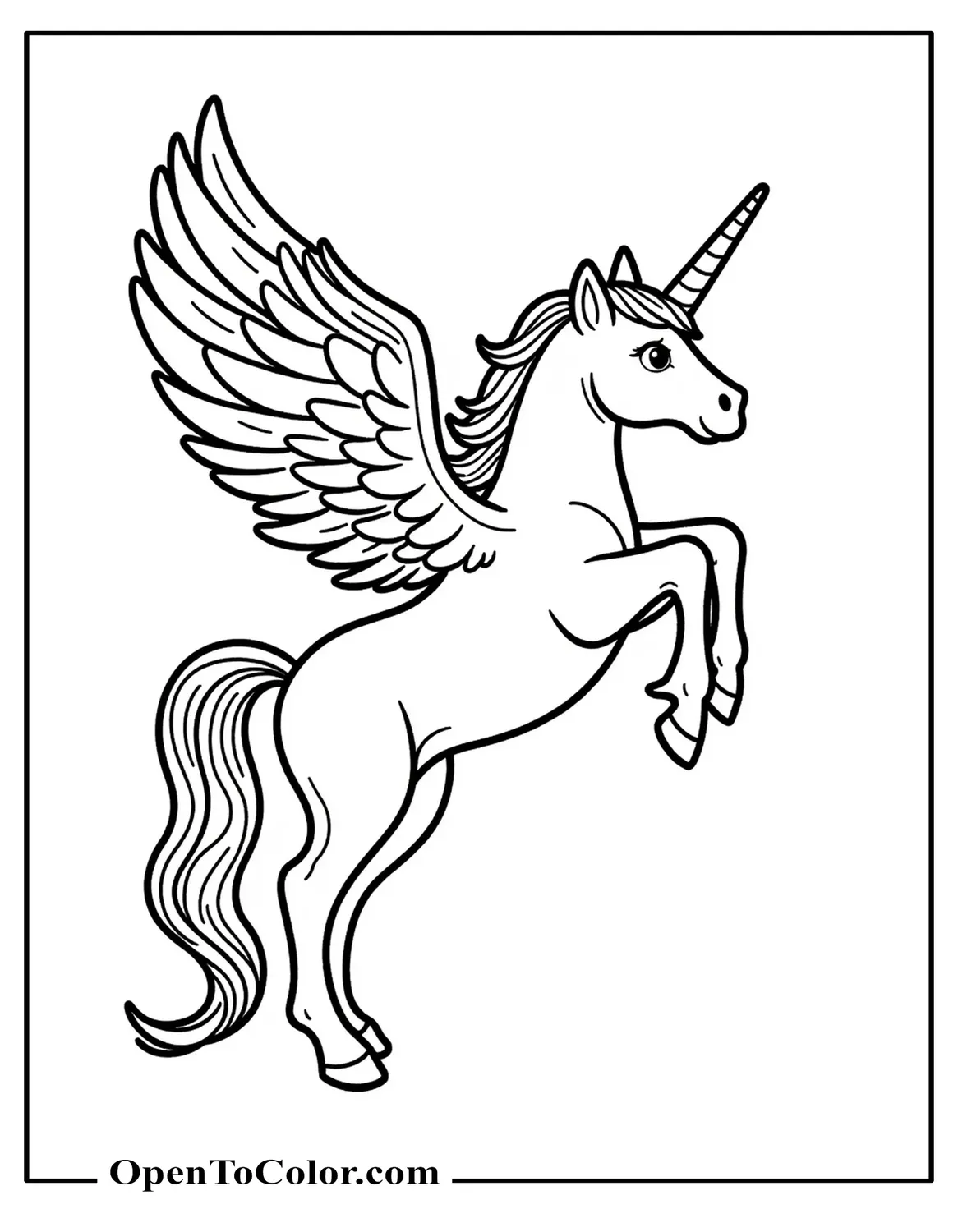 Unicorn with Pegasus wings soaring upward coloring page PDF