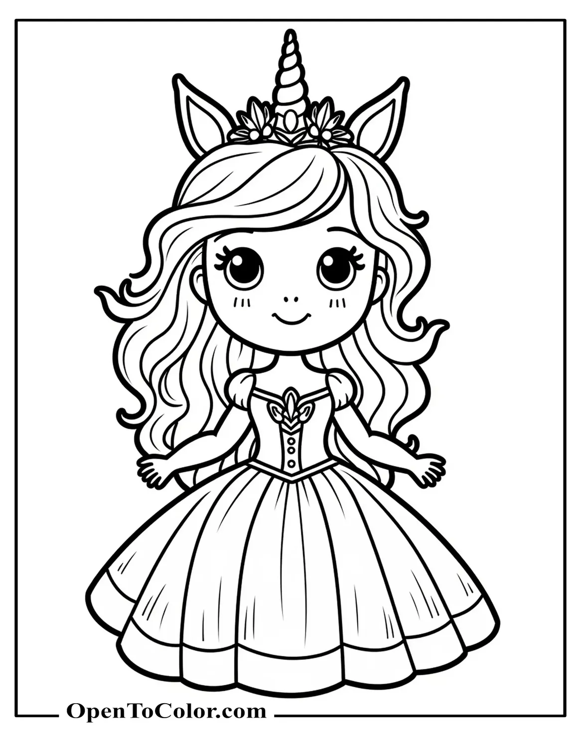 Free Coloring Page of a Cute Princess with a Crown in a Shape of a Unicorn's Horn