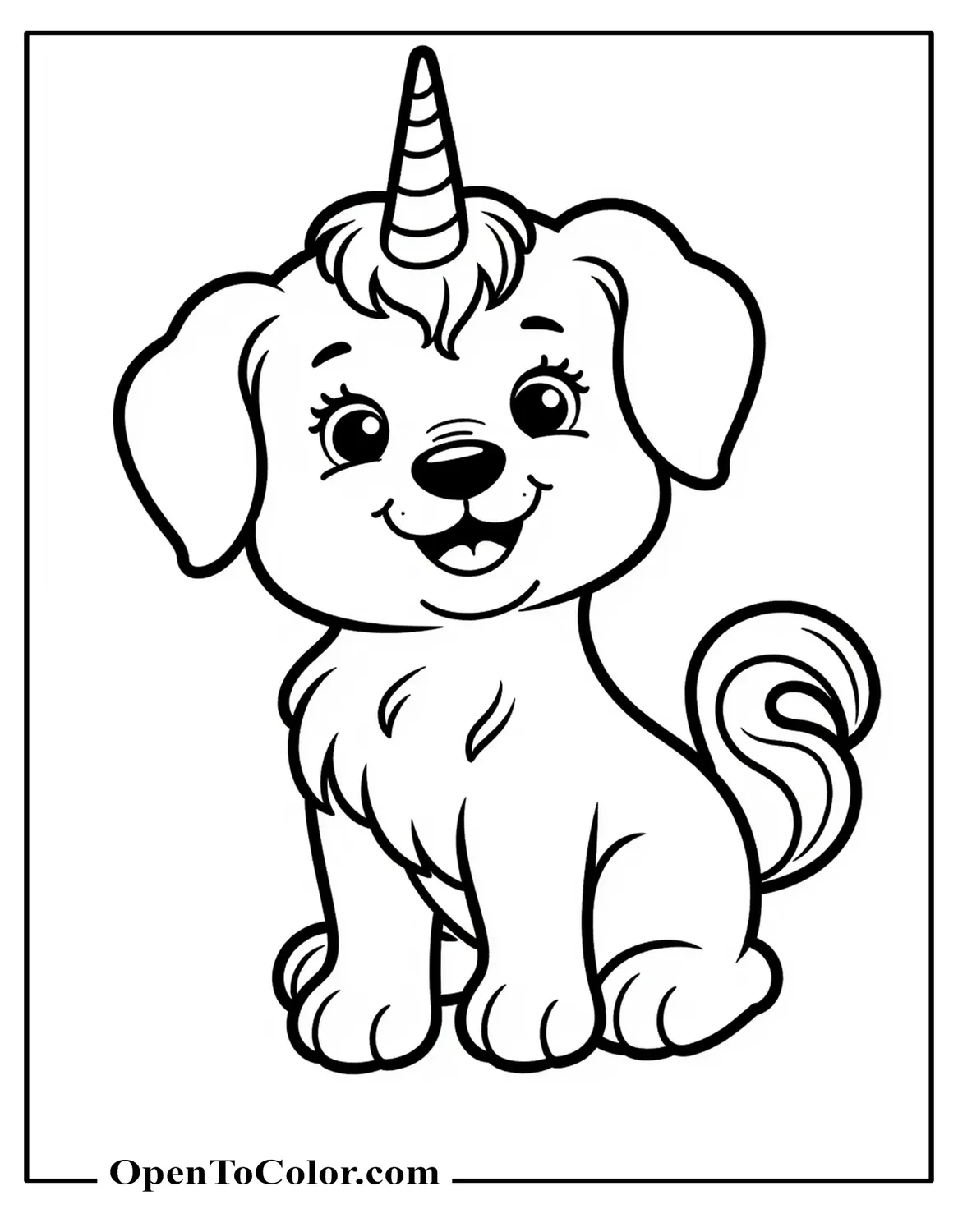 Puppy With Unicorn Horn And Curly Tail Coloring Page PDF
