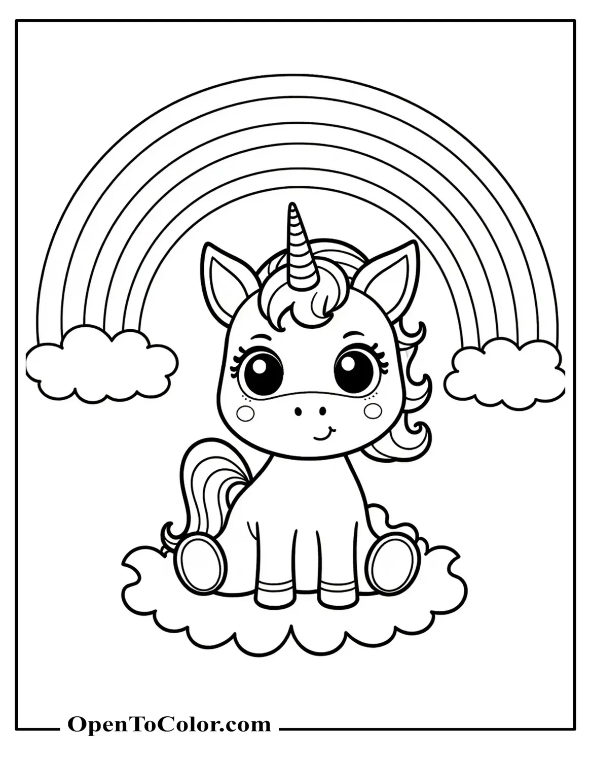Free Coloring Sheet of a Unicorn Sitting Under a Rainbow with Clouds Below