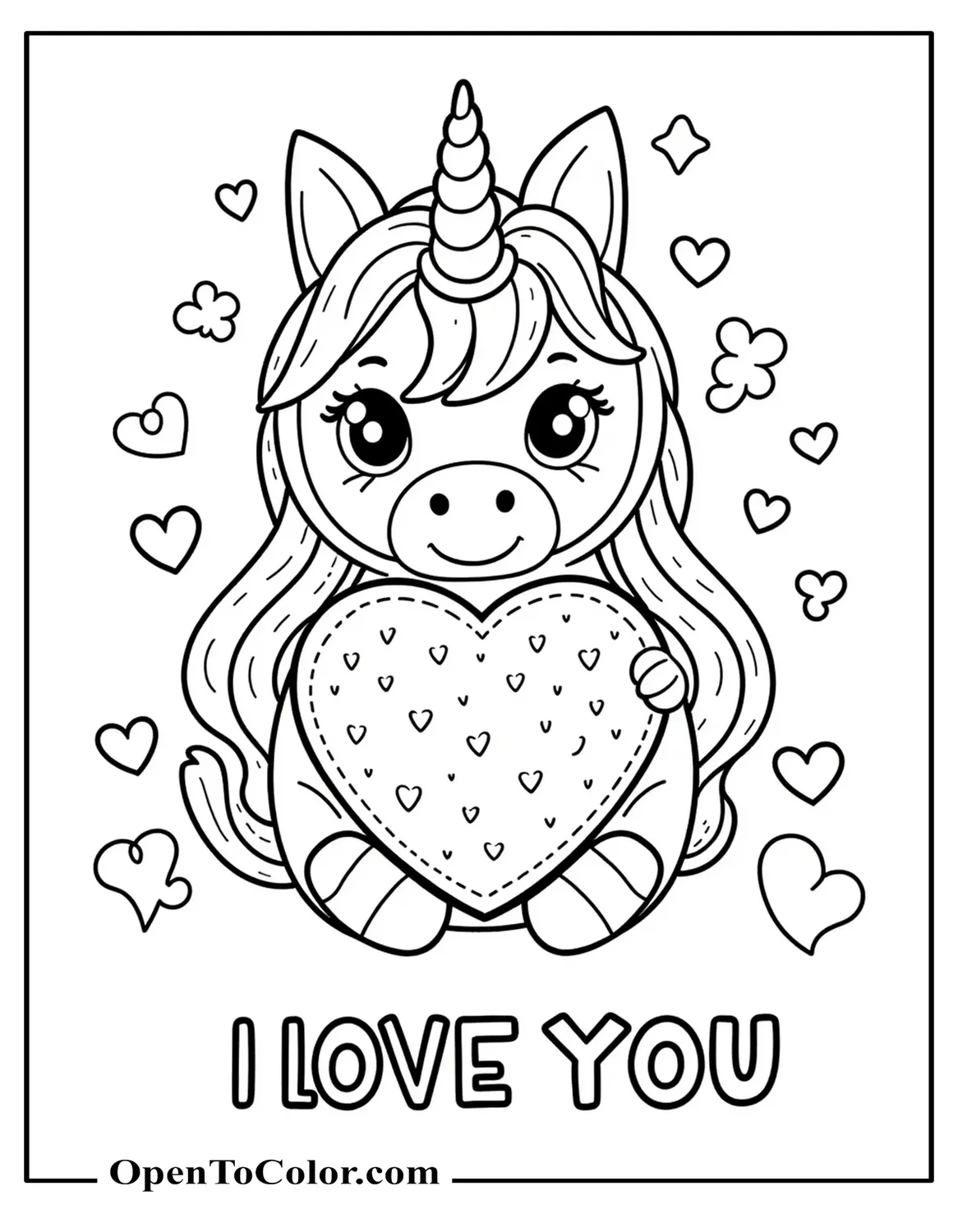 A coloring page of a unicorn holding a heart and hearts sparkling in a background with a text "I Love You" at the bottom, printable.