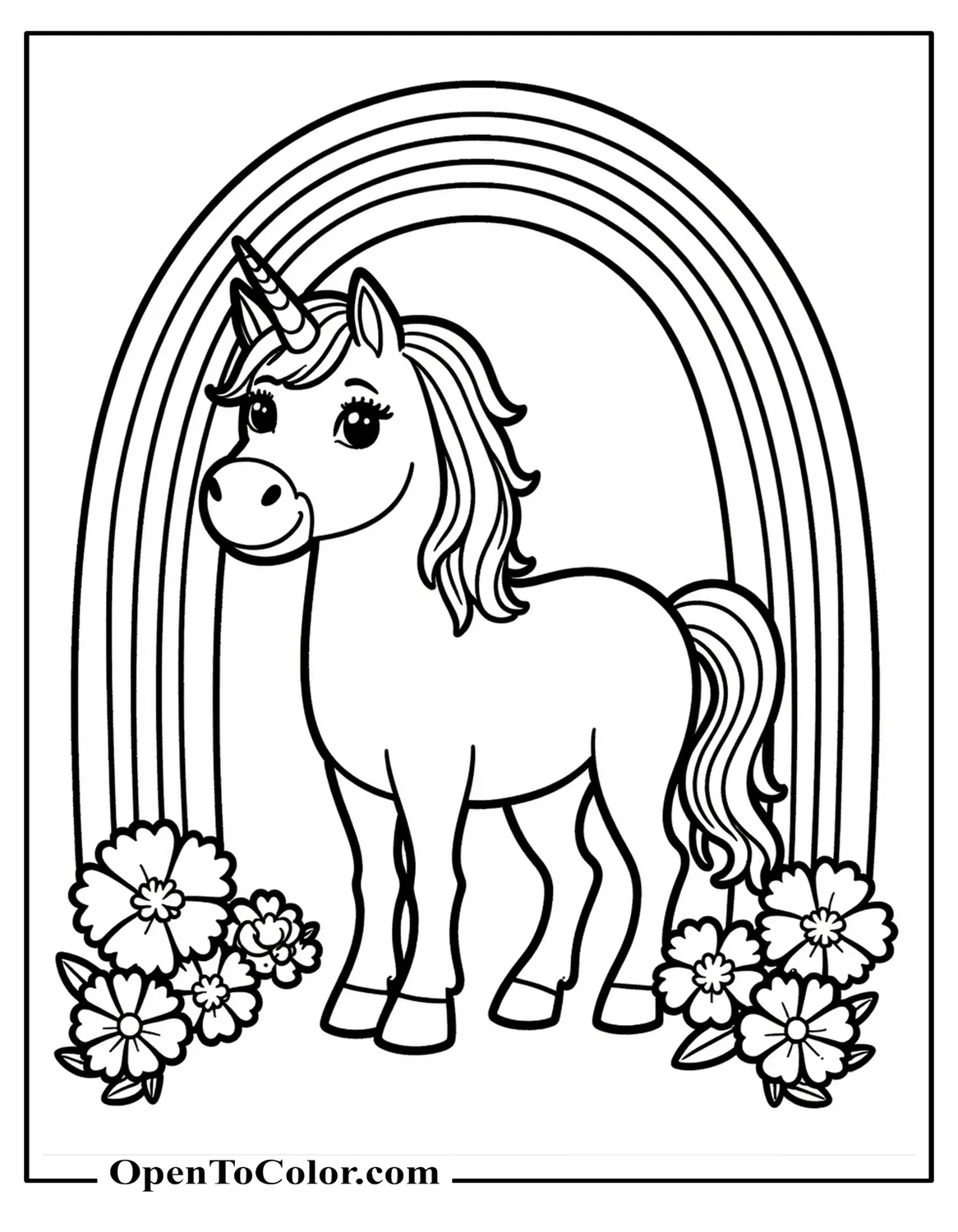 Printable Coloring Sheet of a Unicorn Beside Rainbow Arch and Flowers