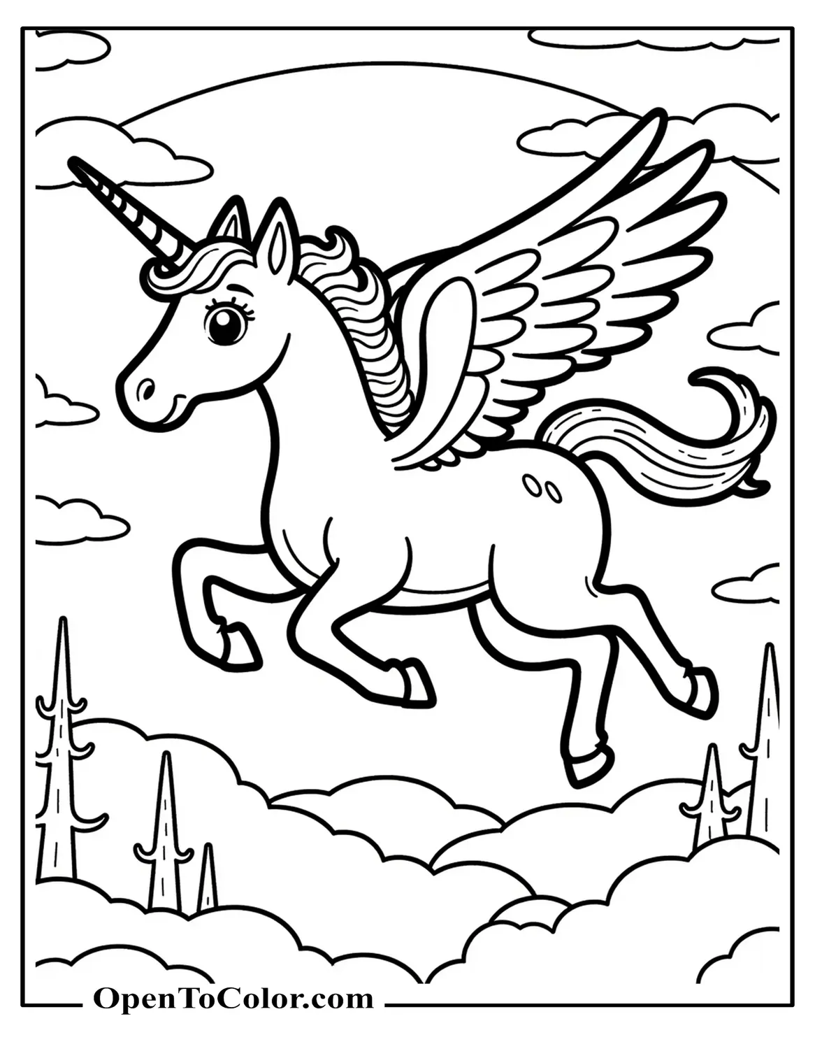 Free Coloring Page of Unicorn Flying with Feathered Wings Above Trees