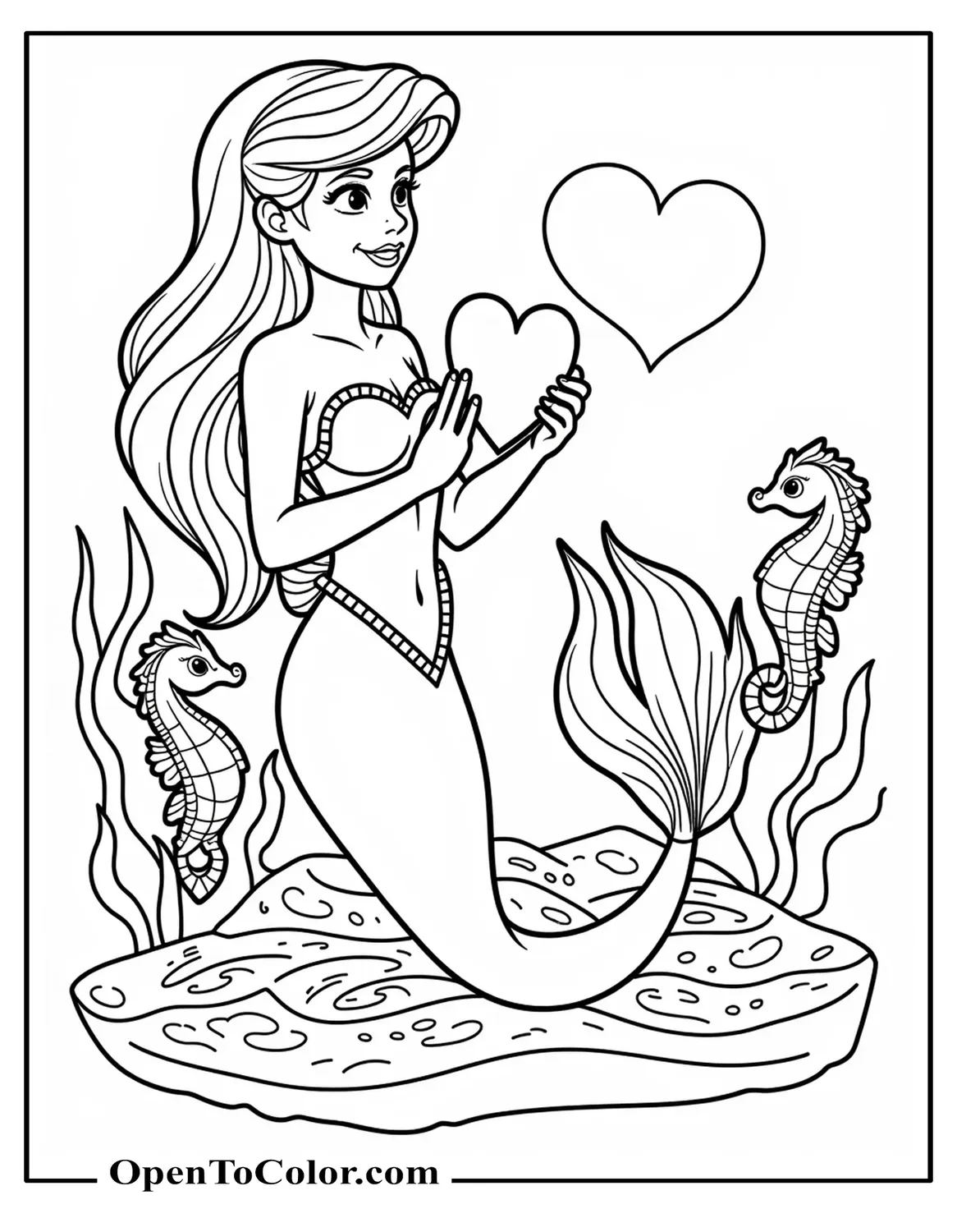 Valentine-theme Ariel presenting a heart-shaped piece of coral, ribboned seahorses swirling nearby, coloring page, printable.