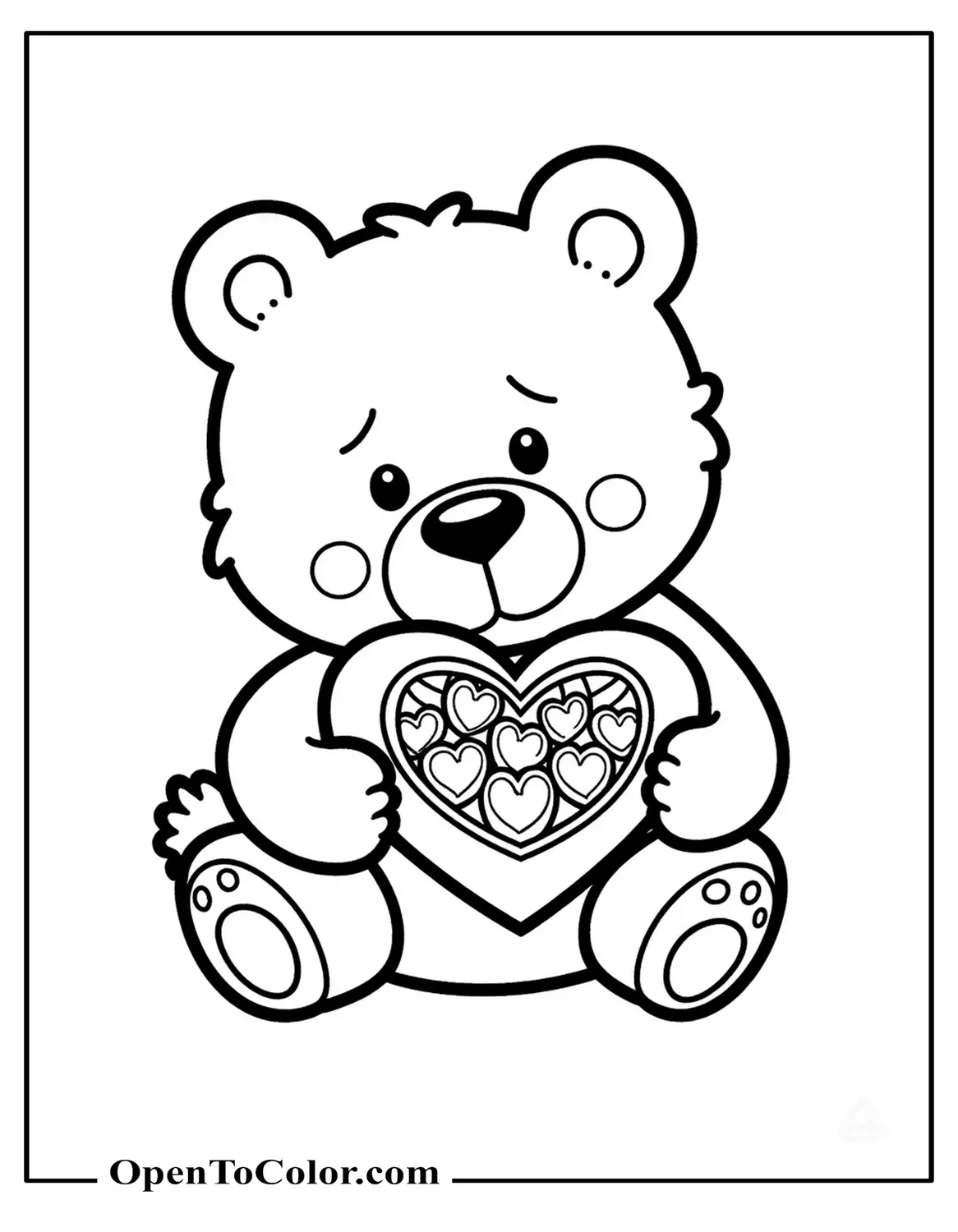Bear Presenting A Heart-Shaped Box Of Chocolates Coloring Page Printable