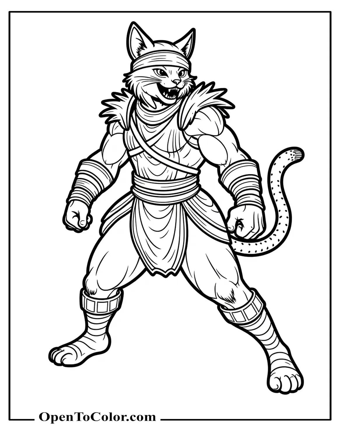 Printable Coloring Sheet of a Fierce Warrior Cat Standing in a Battle Pose with Scratches and Headband