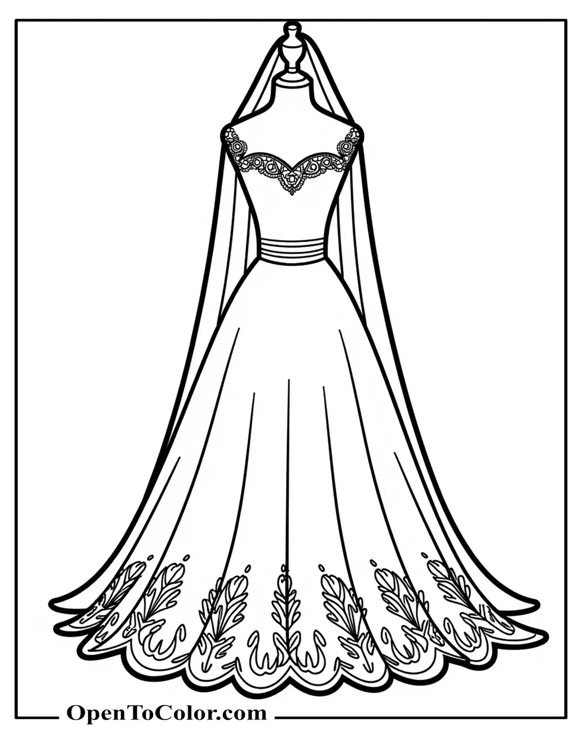 Printable Coloring Page of Classic Wedding Dress with Long Veil and Lace Hem on Mannequin, Clean Outlines