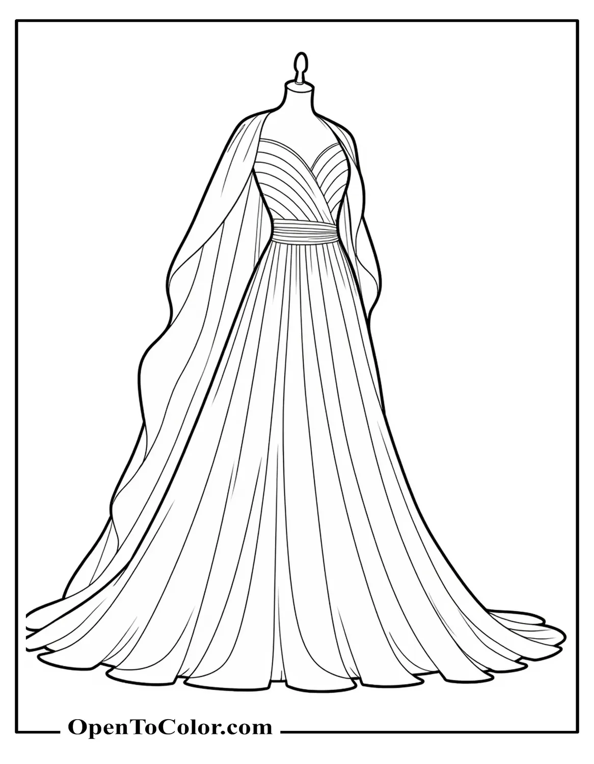 Free Coloring Sheet of Modern Runway Wedding Gown with Cape Train on Mannequin, Clean Outlines