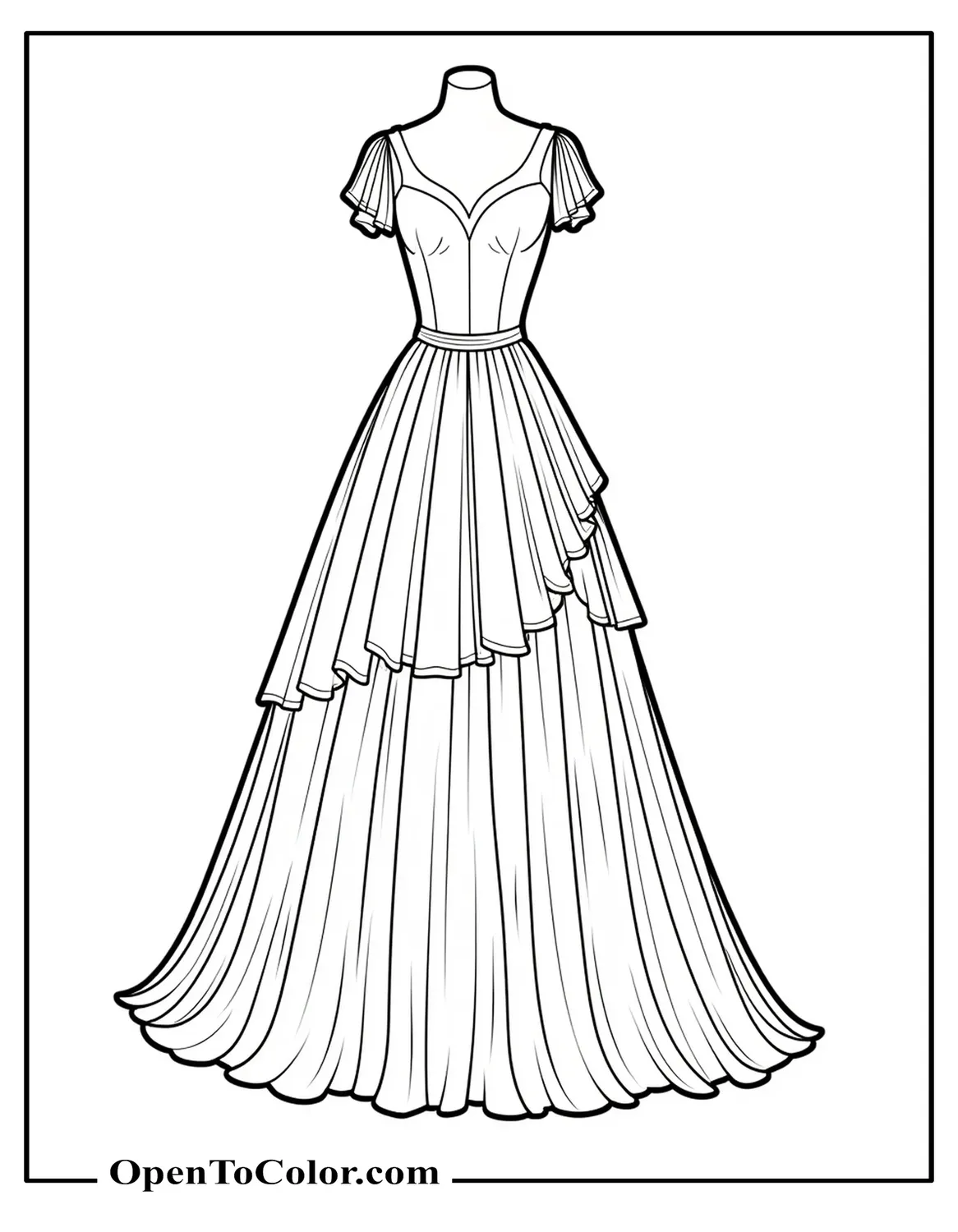 Wedding dress short sleeves tiered tulle tail on dress form, detailed outline, no shading, coloring page printable.