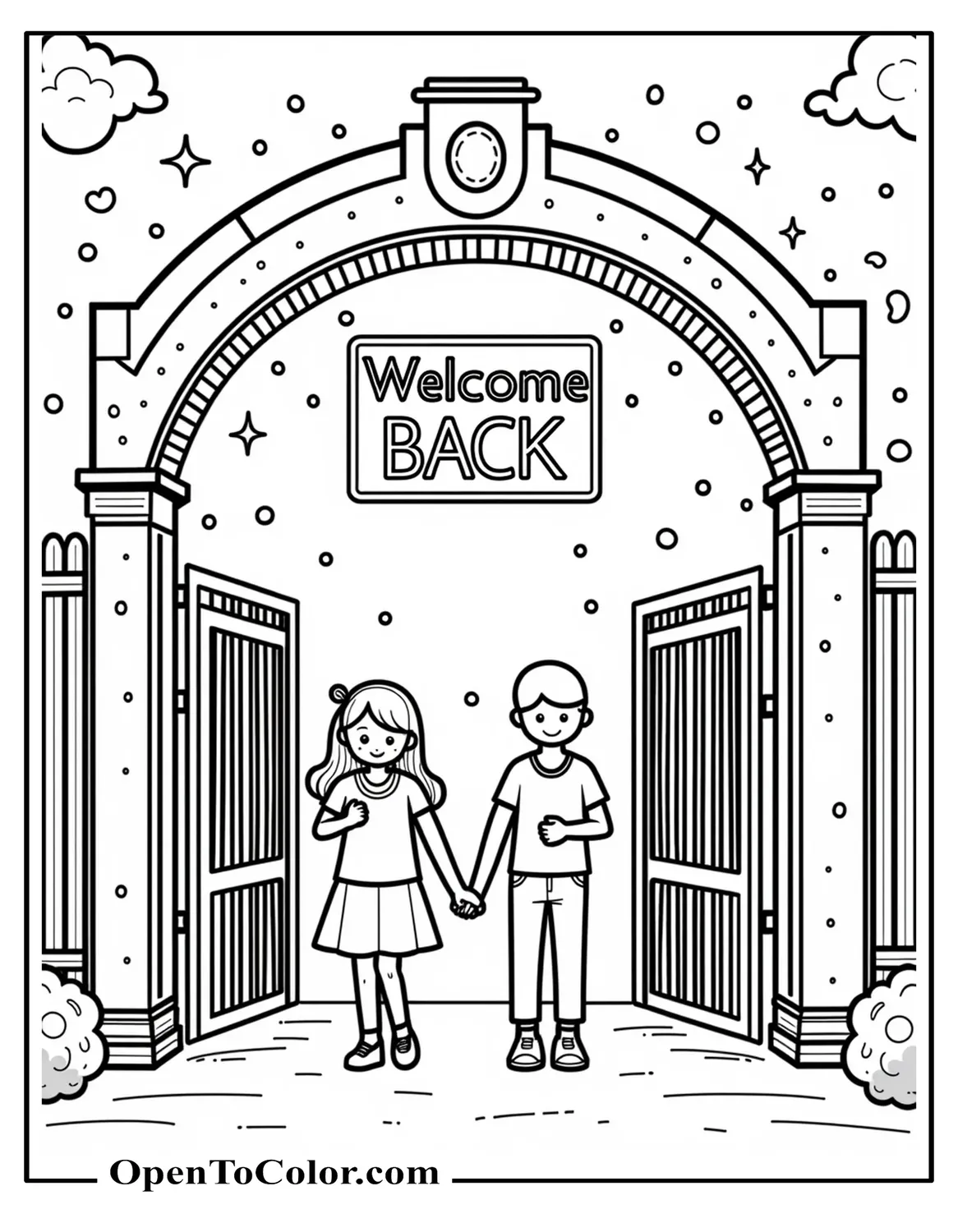 Welcome arch at school gate with confetti falling and sign Welcome Back, neat bold outline art, coloring page, printable.
