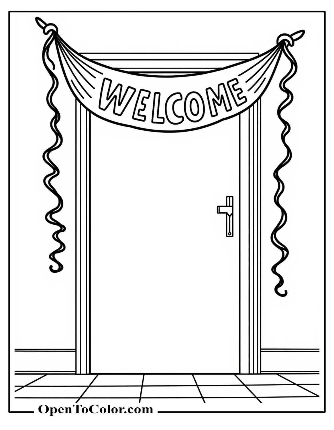 Coloring Page of Classroom Doorway Draped With Welcome Banner And Curling Streamers, Bold Uncomplicated Outlines, Printable
