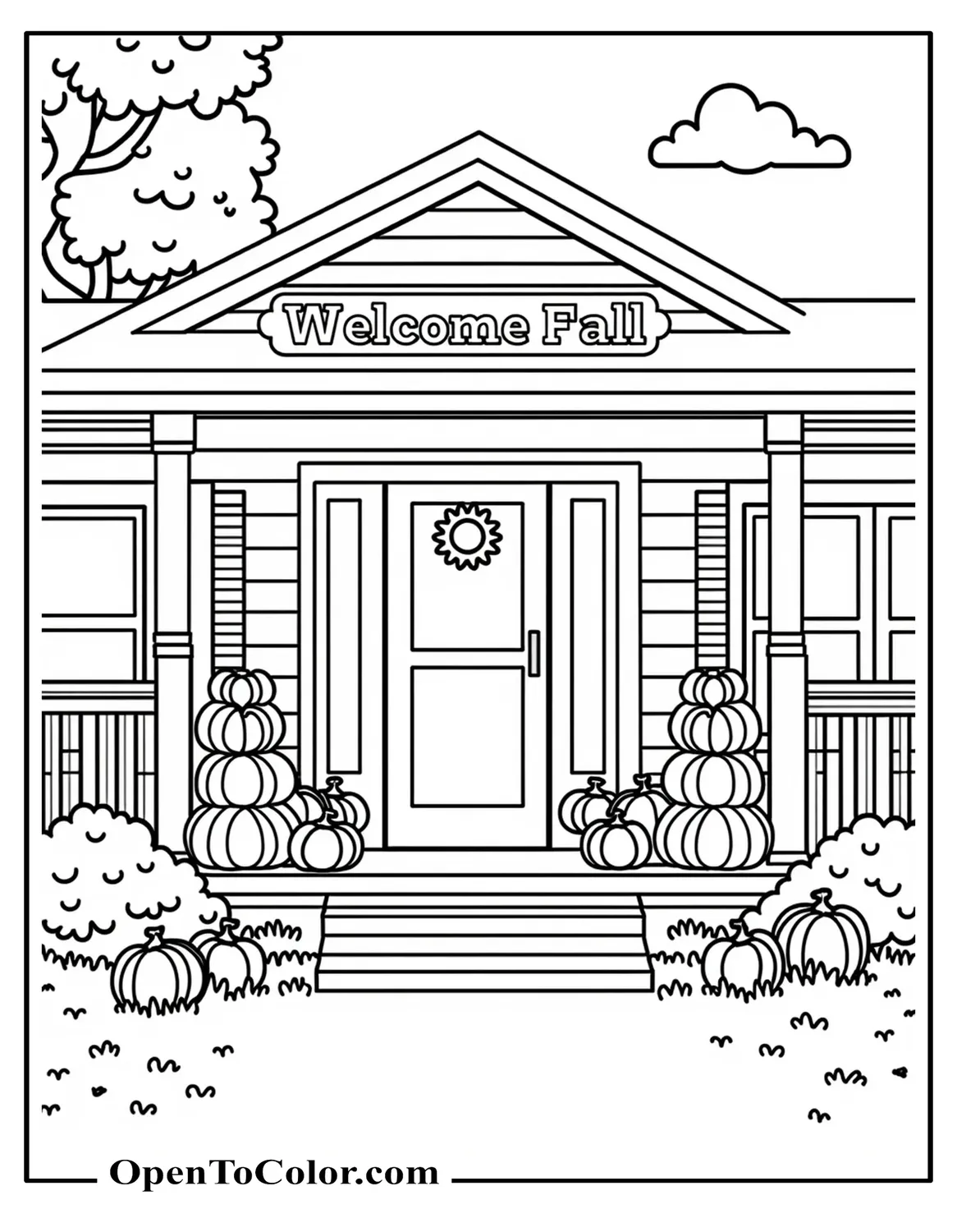 Front porch with stacked pumpkins and bubble letters “Welcome Fall” above the door, coloring sheet PDF.