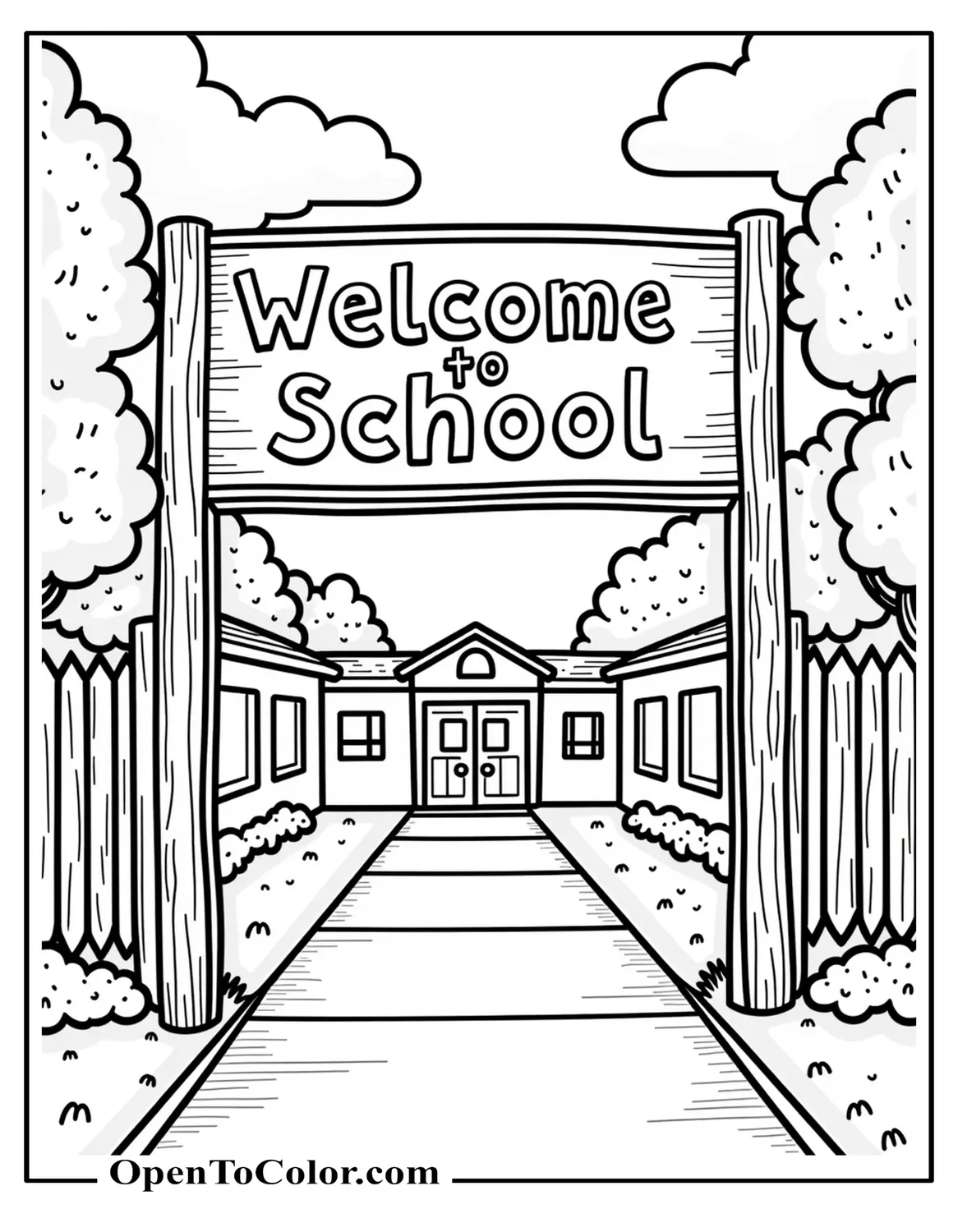 Free Coloring Page of School Entrance Sign Saying “Welcome To School” With Crisp Contour Lines