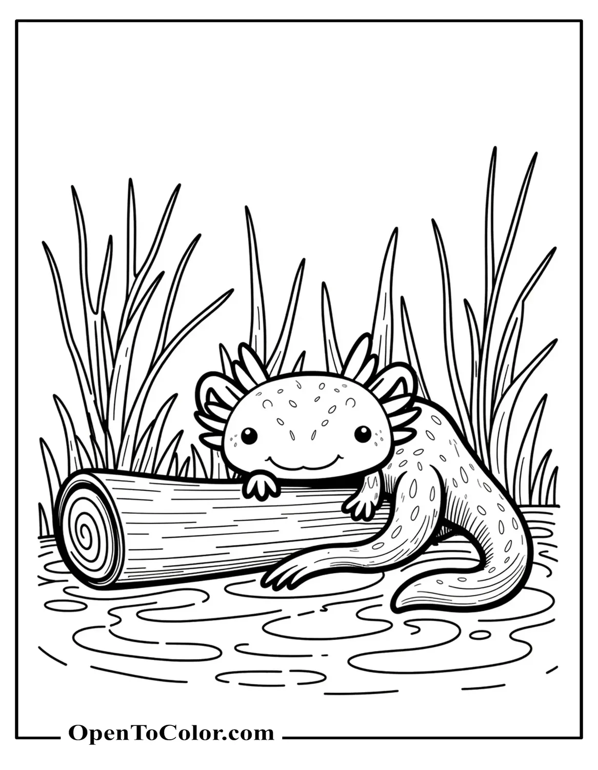 Wild Axolotl Sheltering Under A Submerged Log With Pond Plants Coloring Sheet PDF