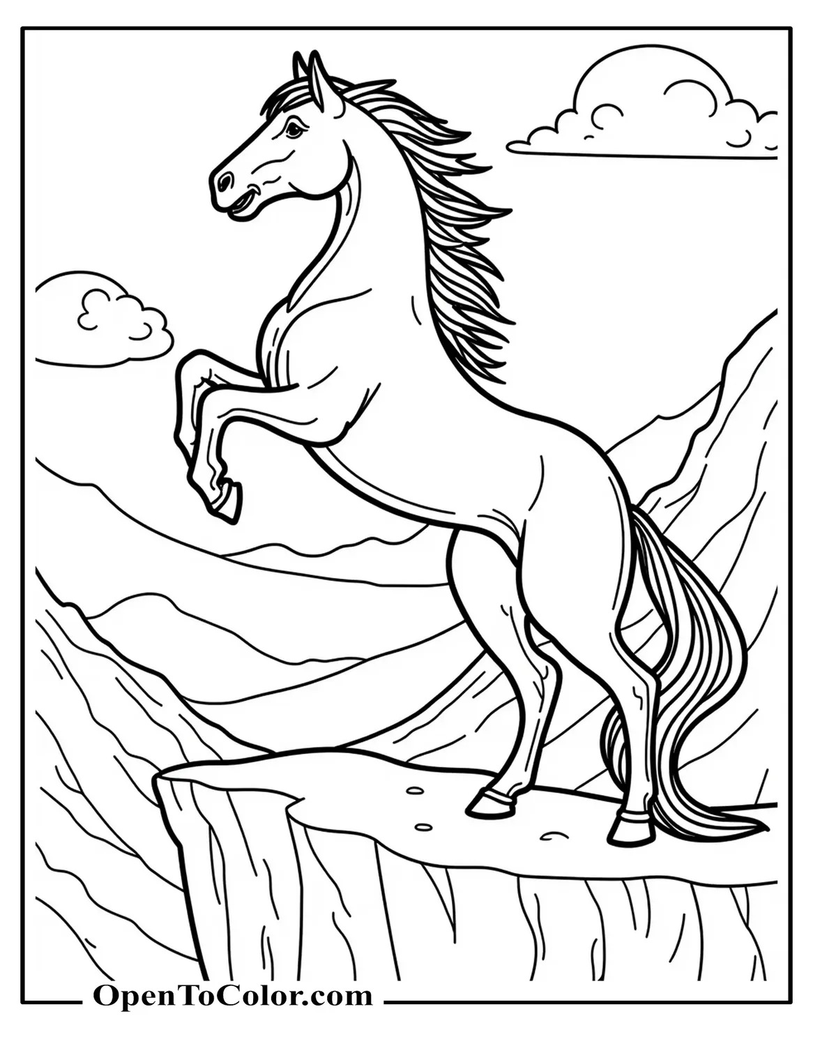 Wild Horse Rearing On Cliff Edge With Mountain Backdrop Coloring Sheet PDF