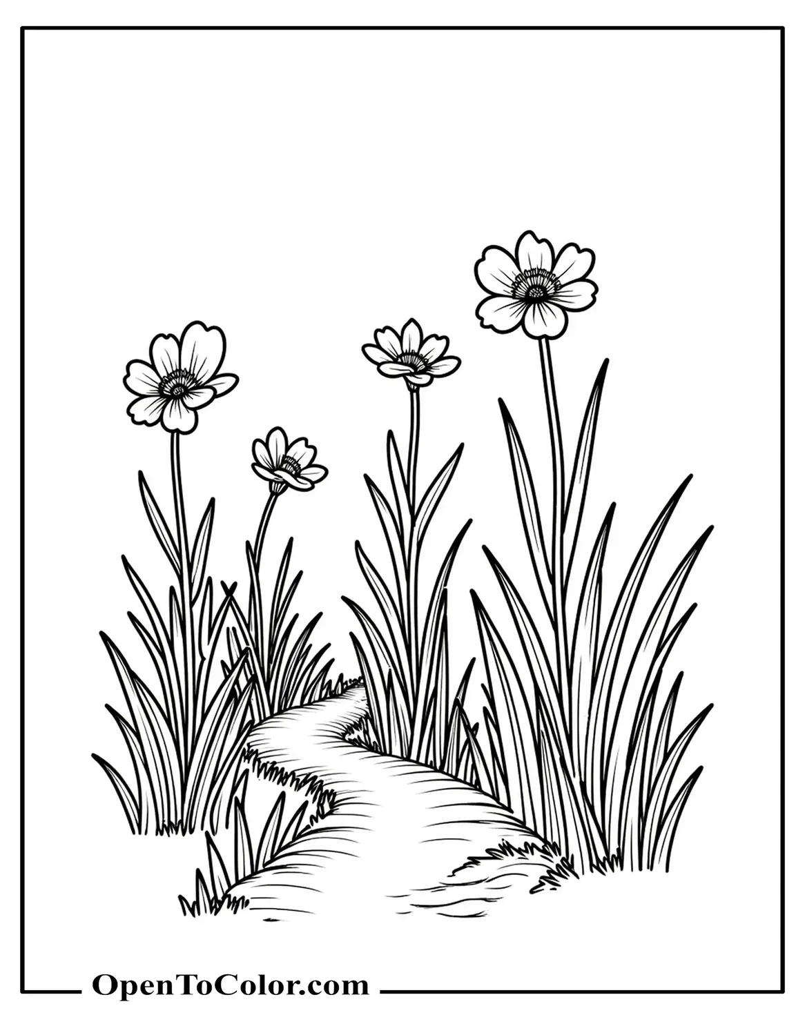 Wildflowers Growing Along A Path With Tall Grass Coloring Page PDF