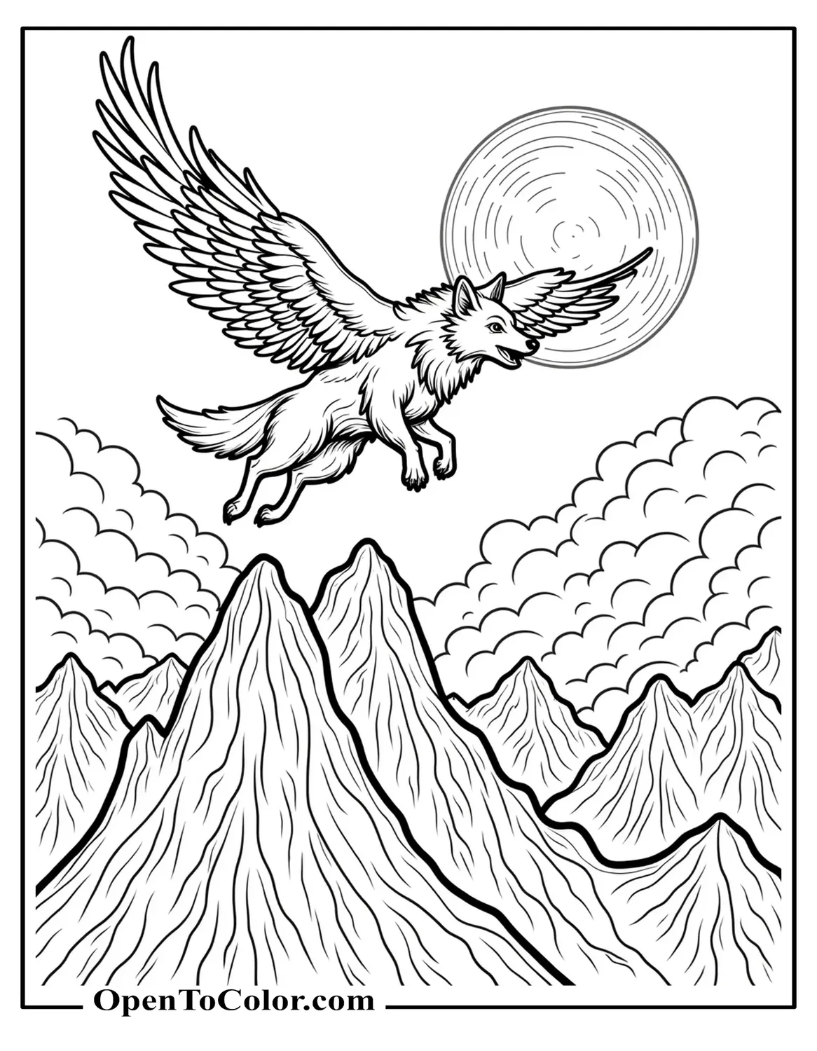 Printable coloring sheet of a winged wolf soaring over mountain peaks with clouds swirling.