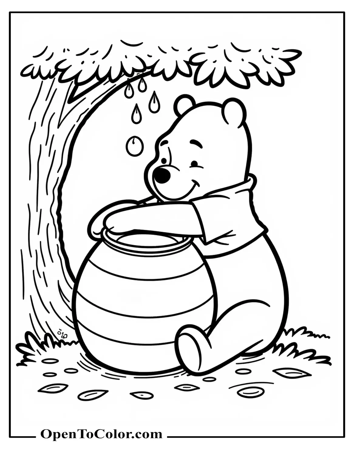 Winnie The Pooh Hugging A Honey Pot Beneath Gently Falling Oak Leaves Coloring Page Printable