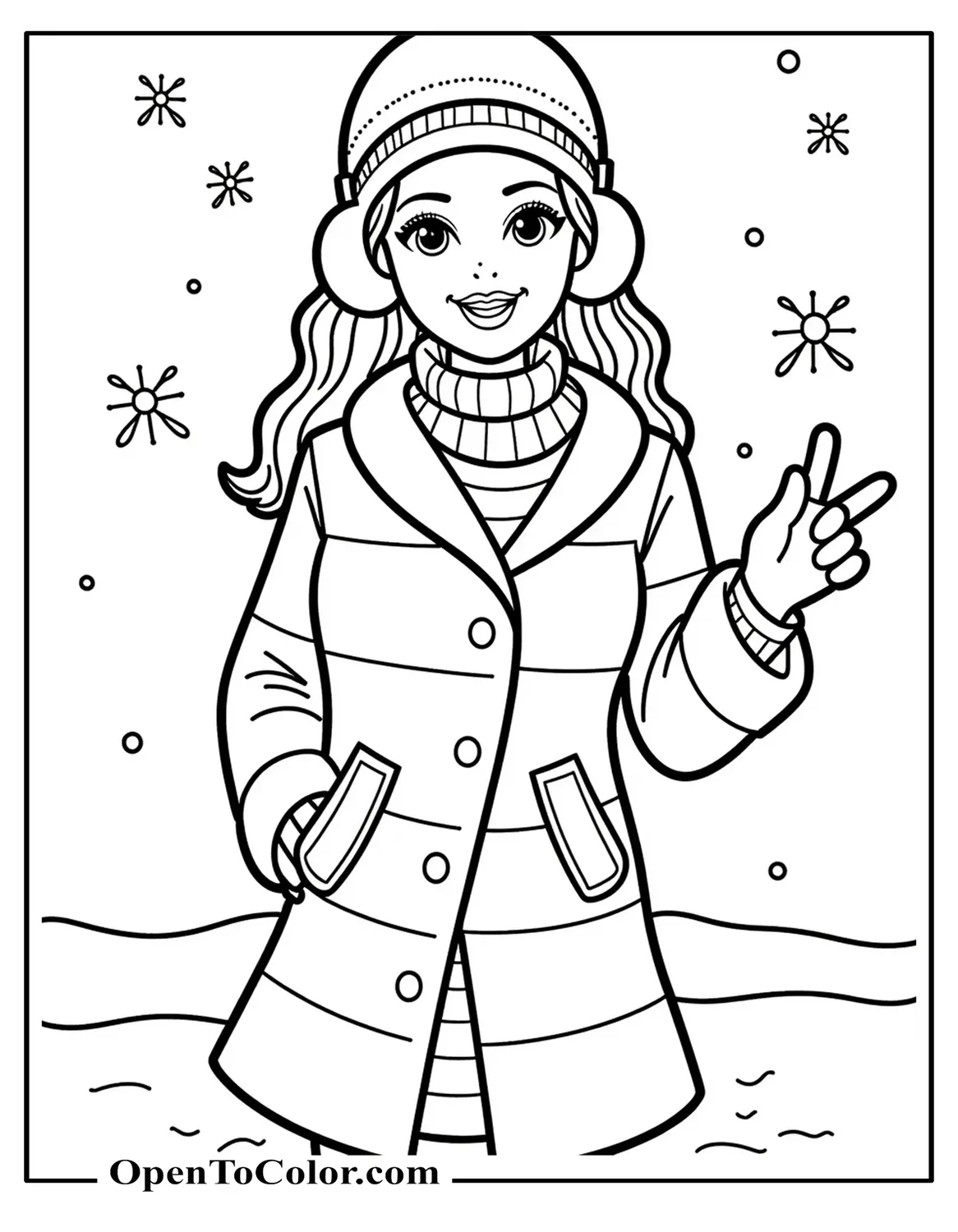 Barbie in winter coat, gloves and earmuffs playing with snowflakes coloring page printable.