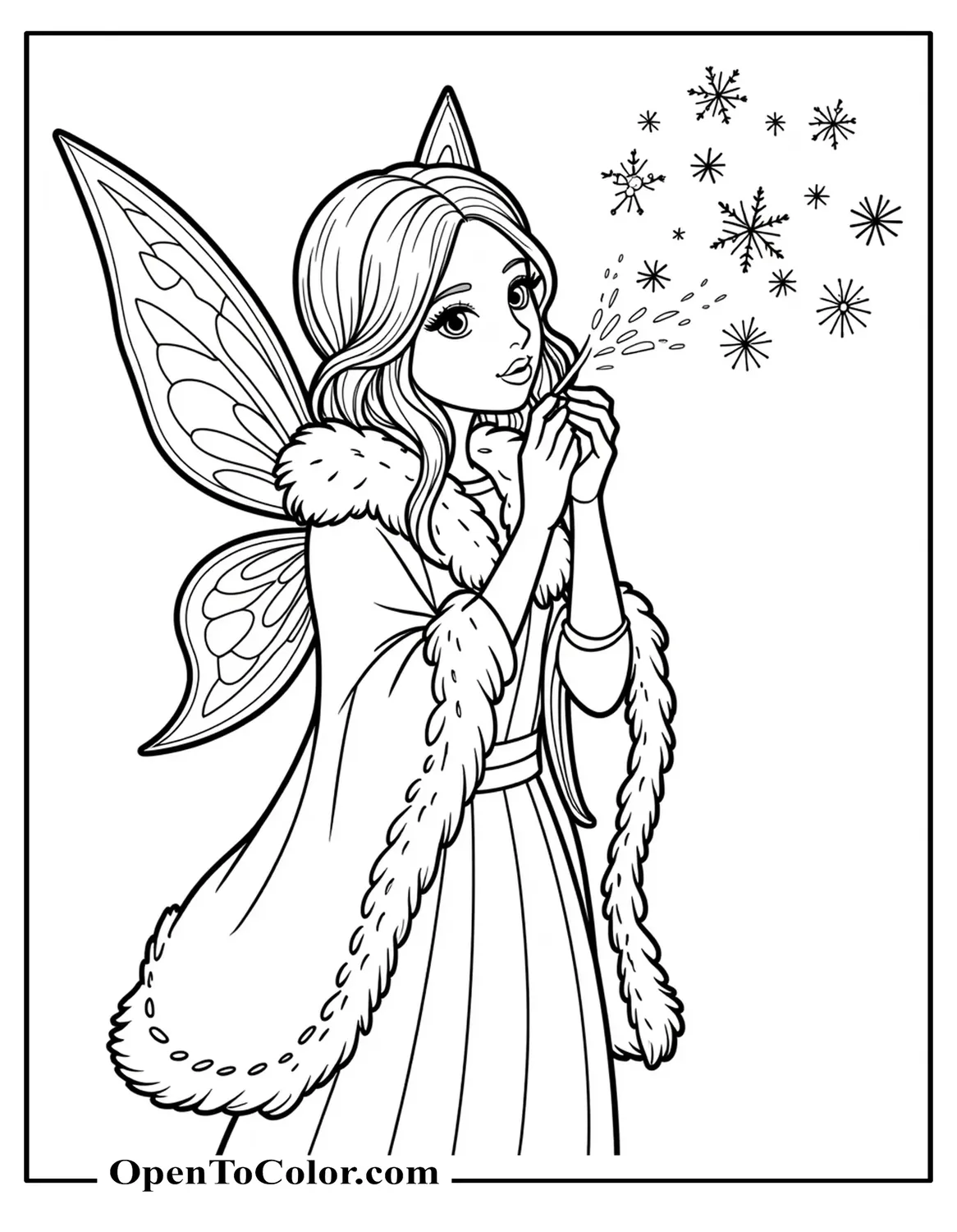Winter Fairy Blowing Snowflakes While Wearing A Fur-Trim Cloak Coloring Sheet PDF