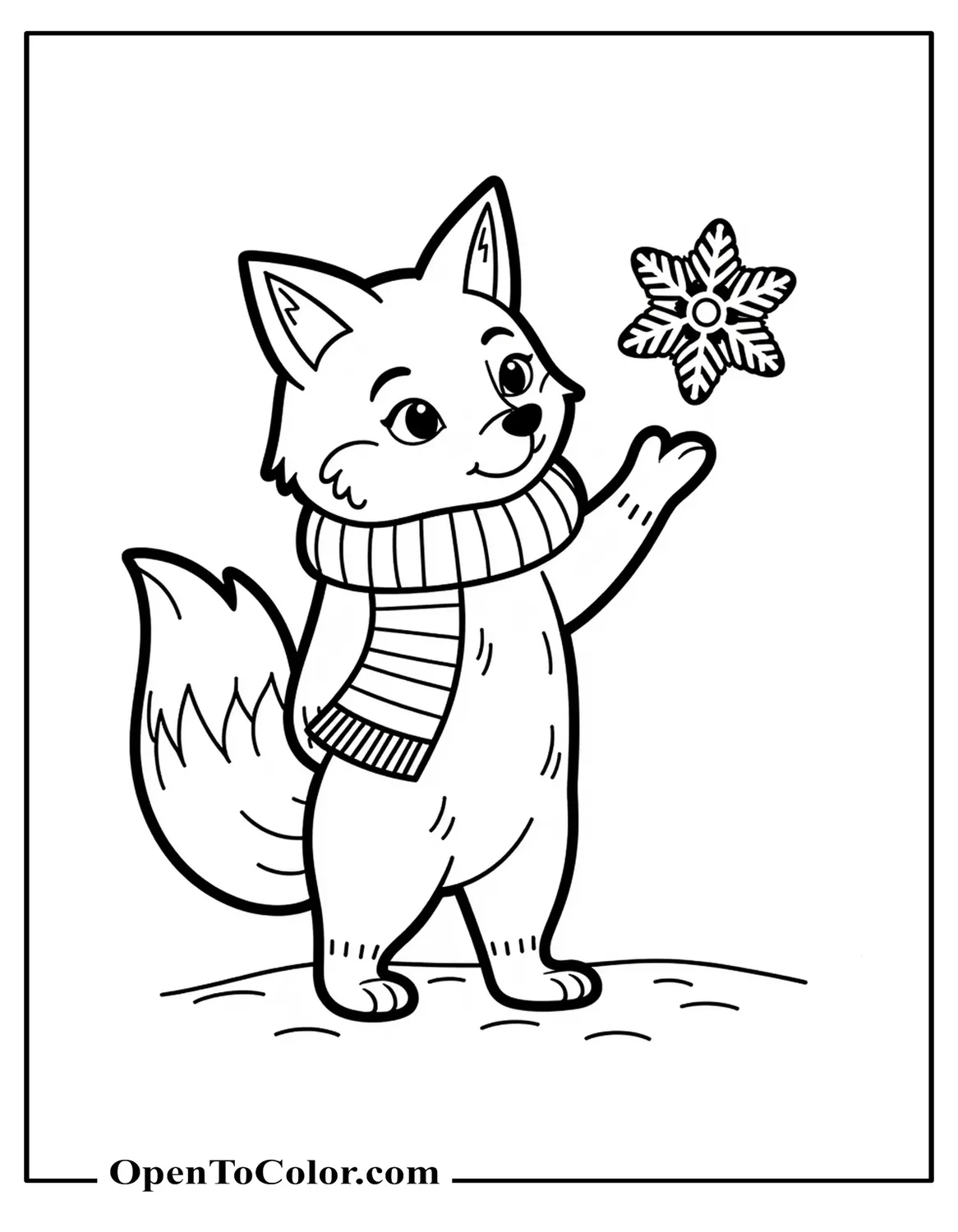 Winter Fox Wearing A Scarf Catching A Snowflake Coloring Page Printable
