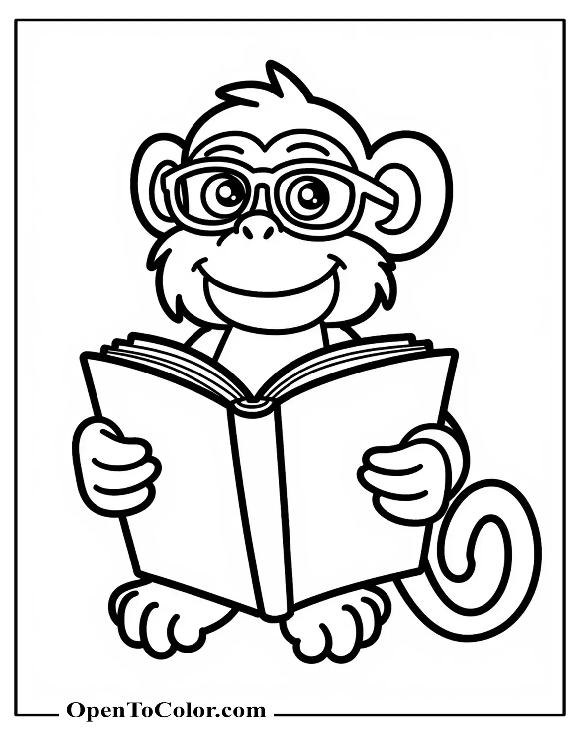 Free Coloring Page of Wise Old Monkey with Reading Glasses Holding Open Book
