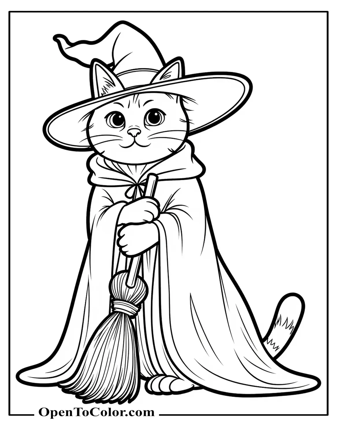 Free Coloring Sheet of Cat Wearing Witch Hat and Cloak with Broom